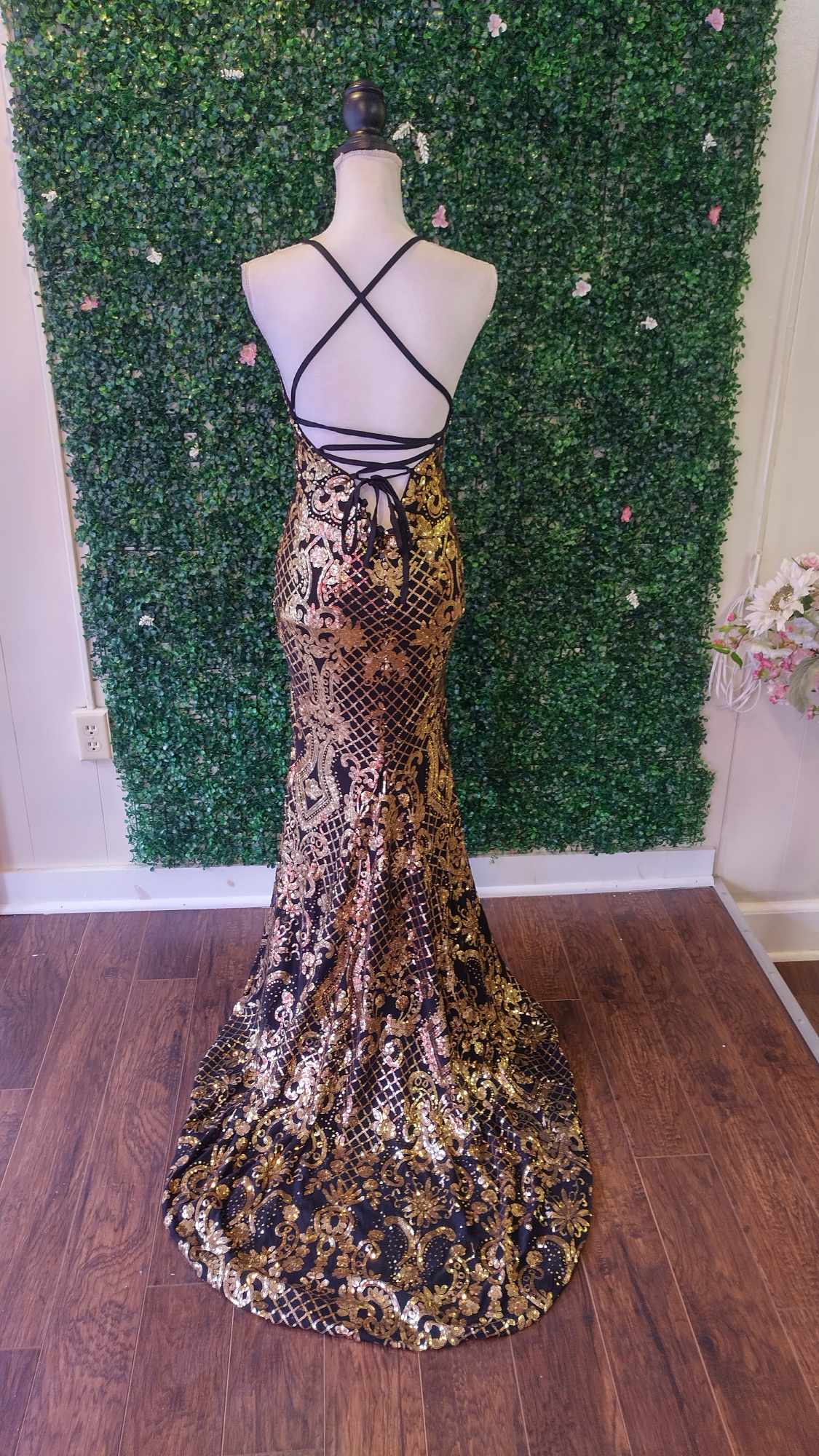 Gold goddess sequin couture prom dress