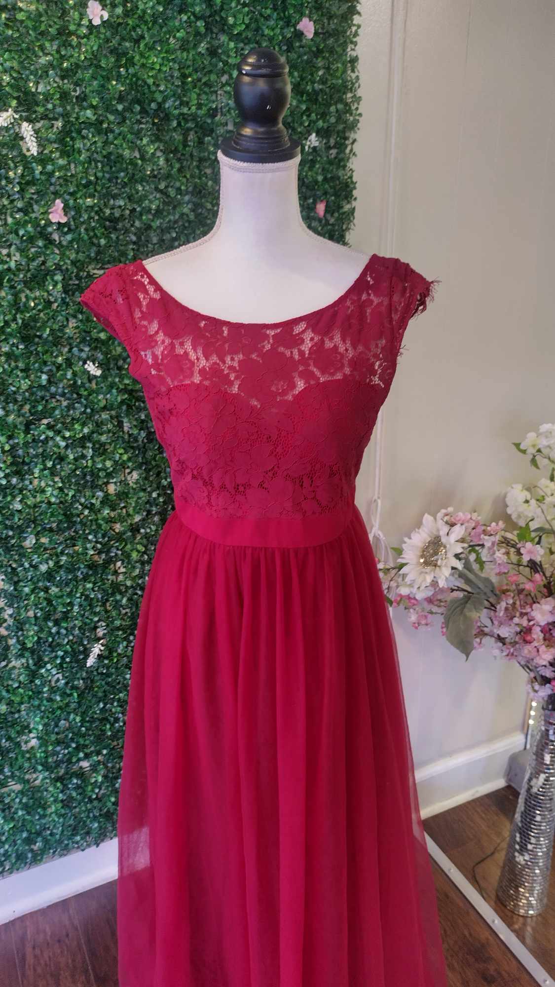 Burgundy lace chiffon bridesmaids dress