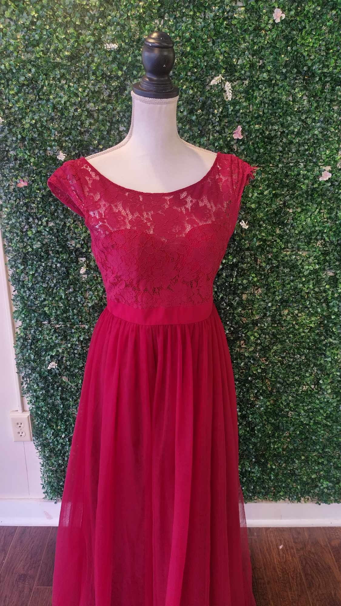 Burgundy lace chiffon bridesmaids dress