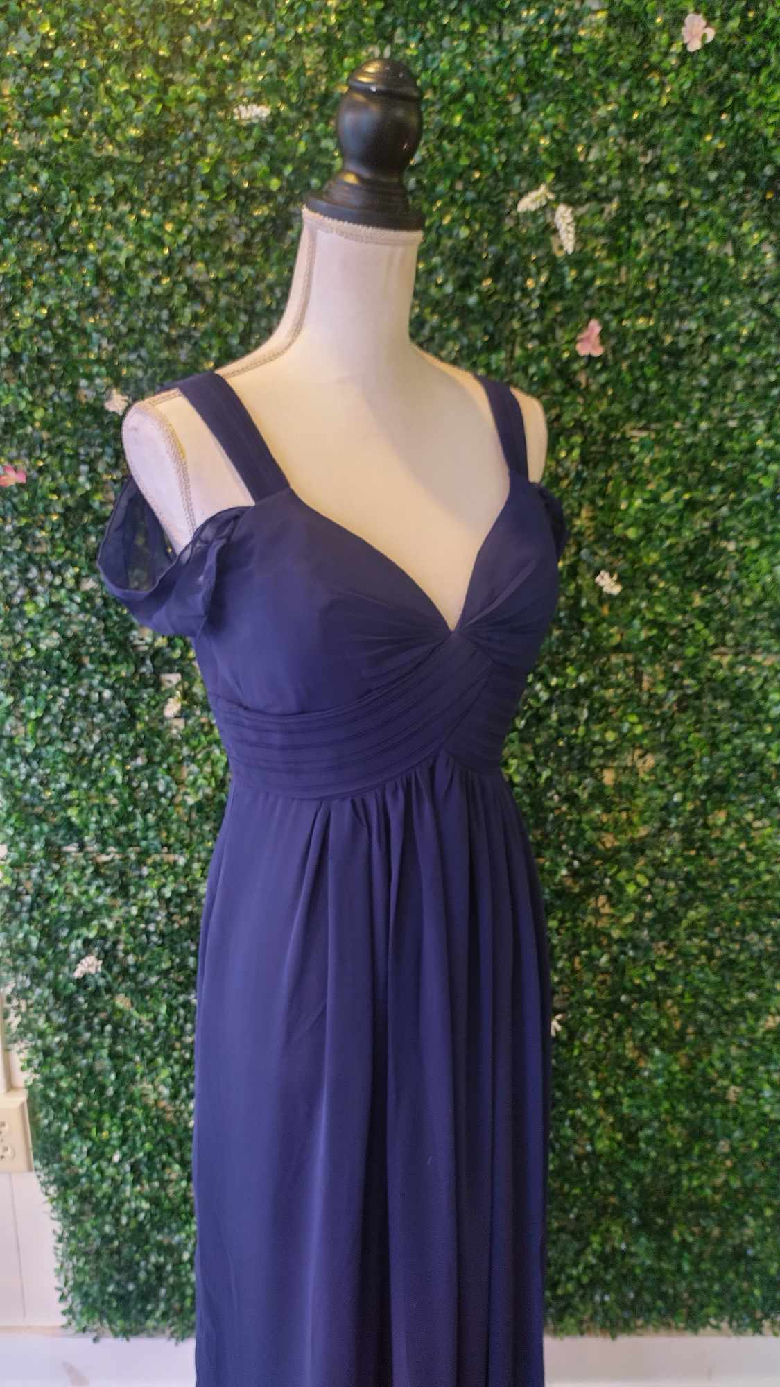 Off shoulder navy blue chiffon bridesmaids dress