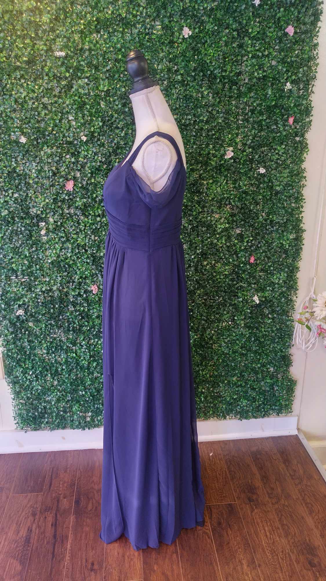 Off shoulder navy blue chiffon bridesmaids dress