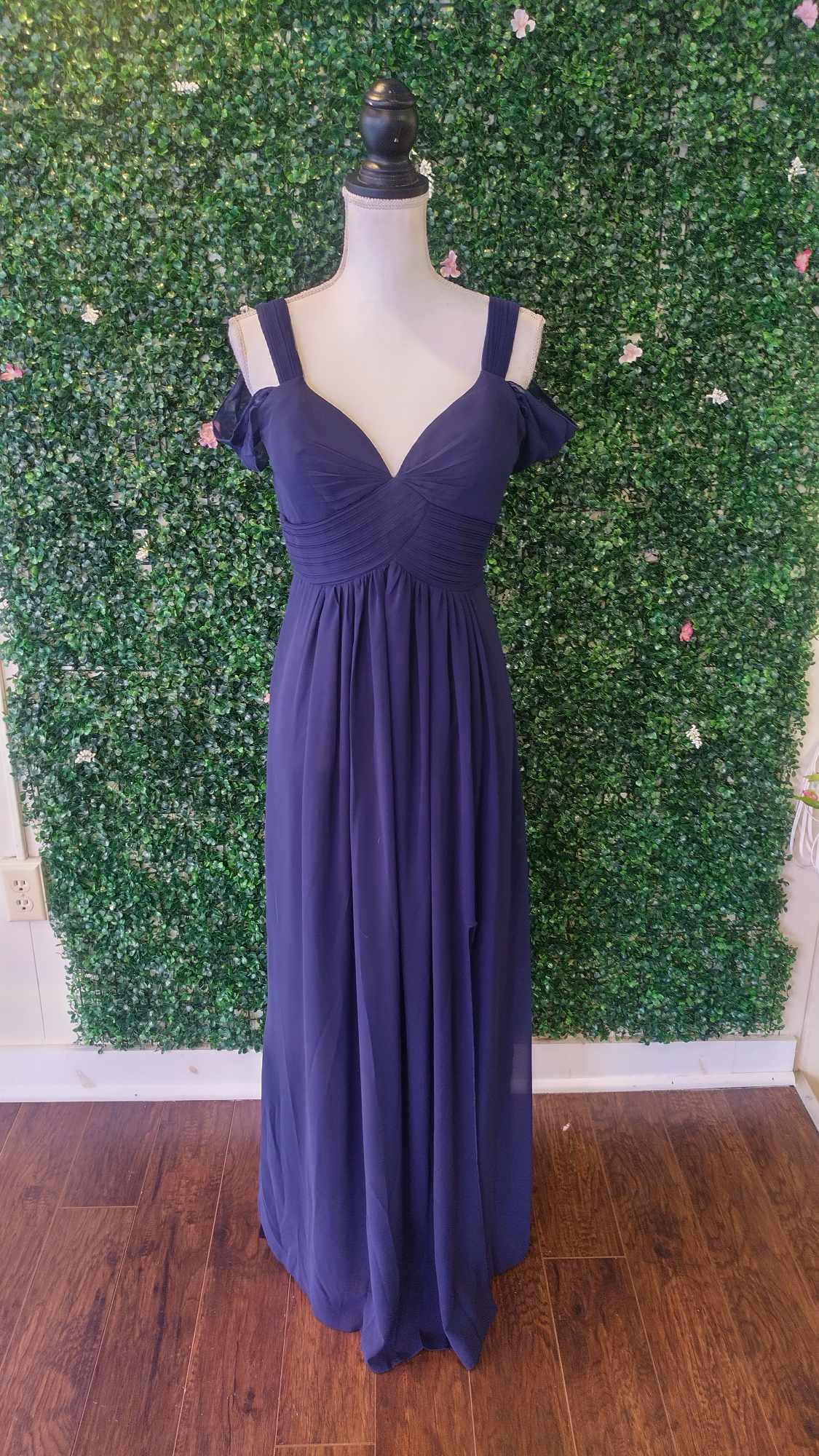 Off shoulder navy blue chiffon bridesmaids dress