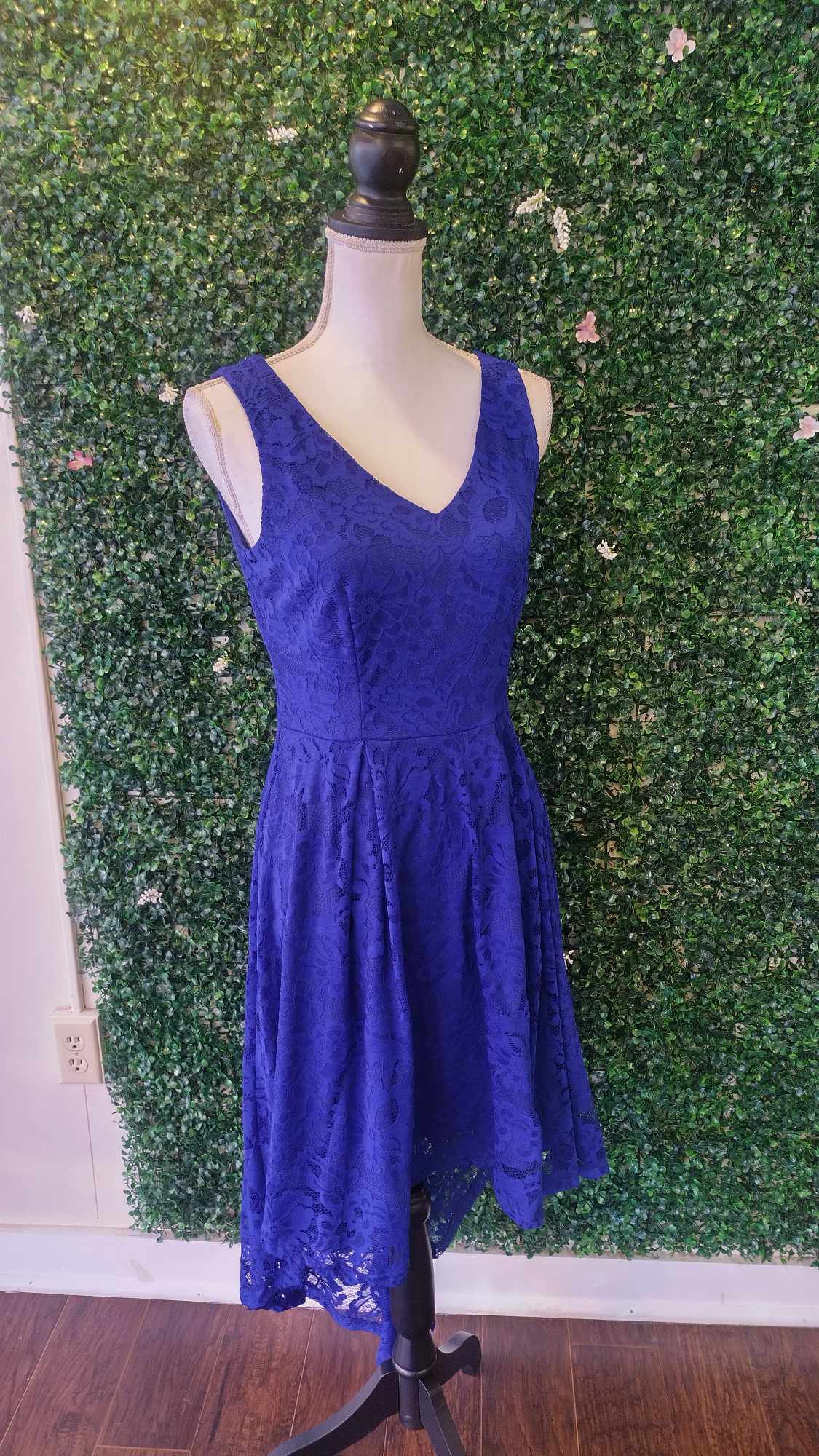 Royal Blue Tea- Length Lace formal dress