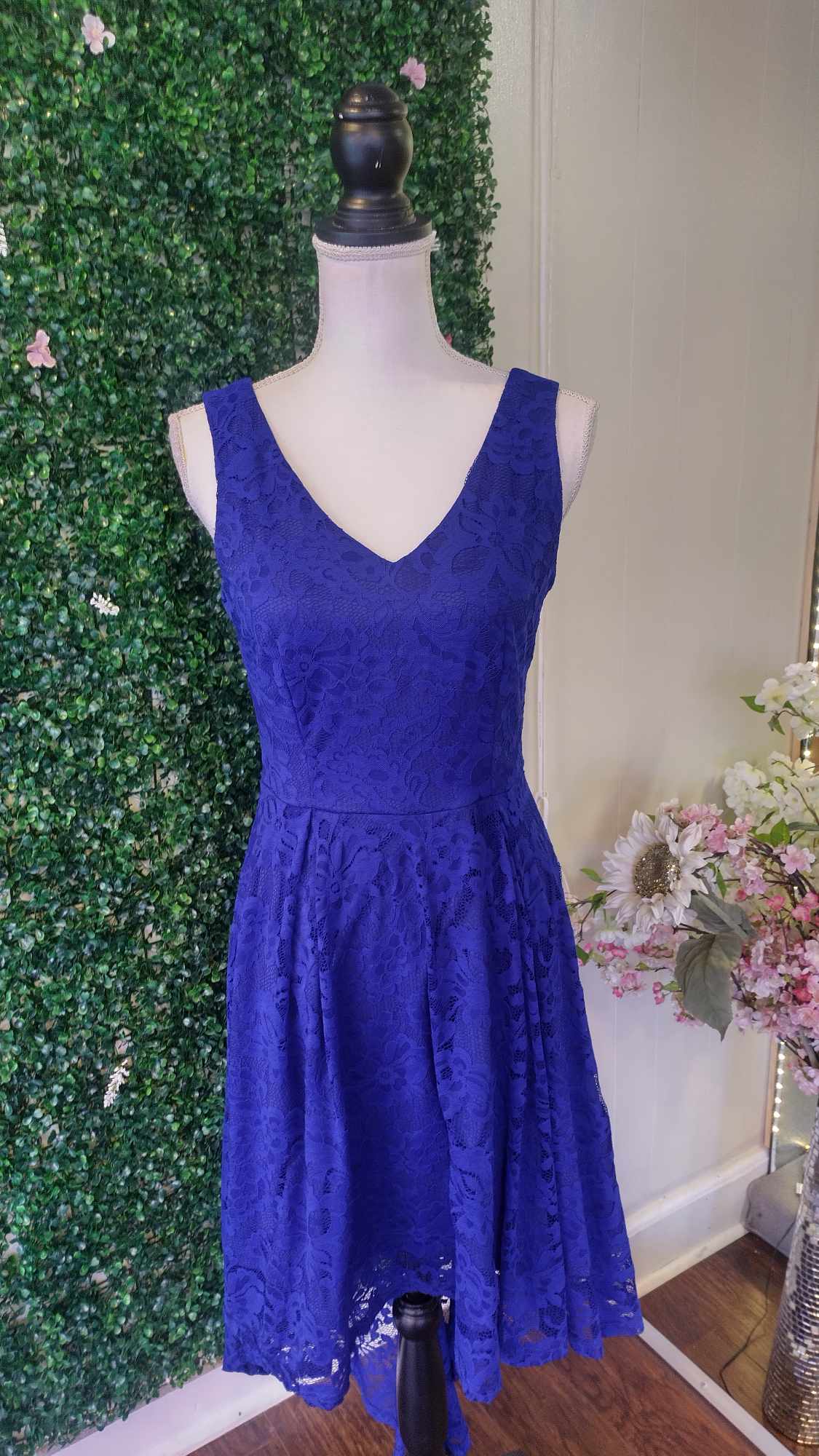 Royal Blue Tea- Length Lace formal dress