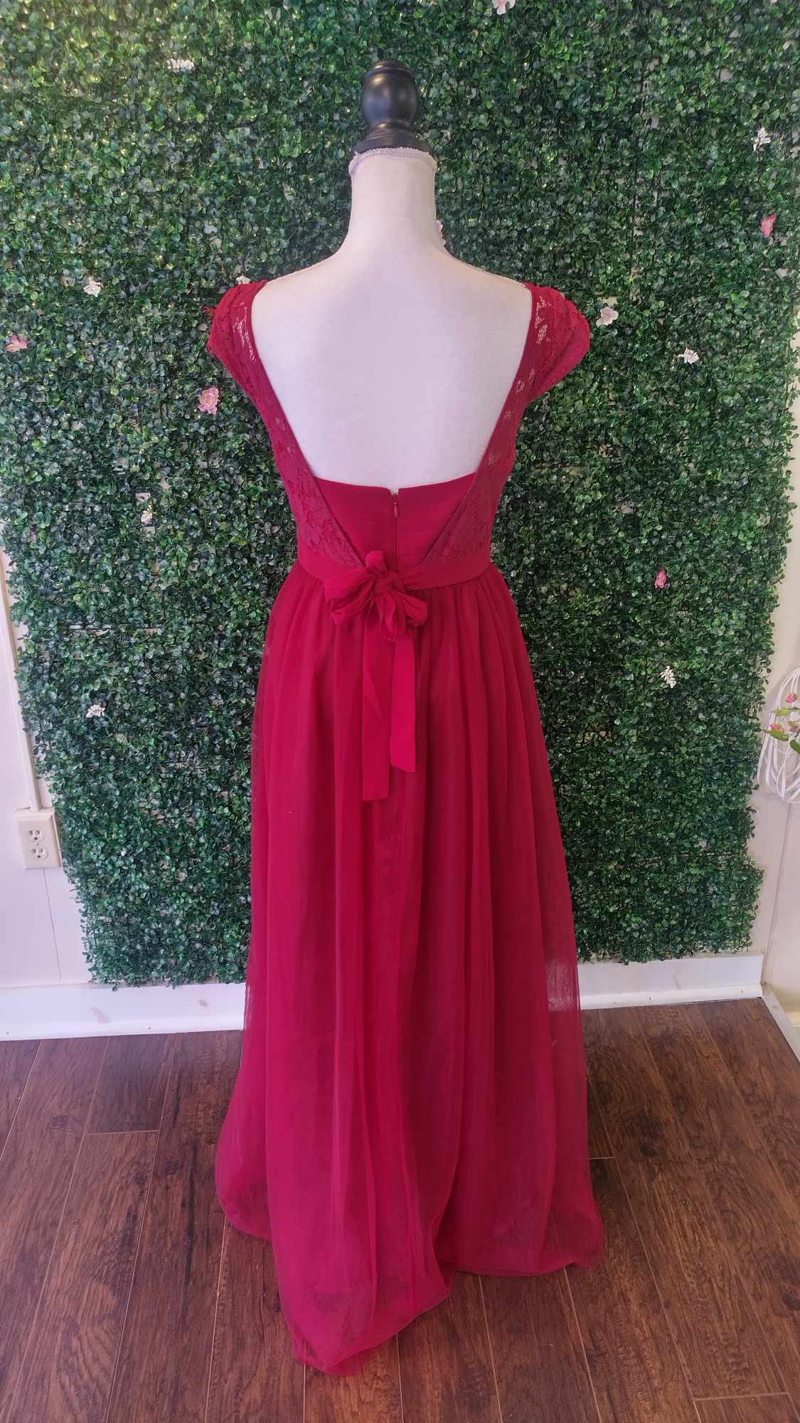 Burgundy lace chiffon bridesmaids dress