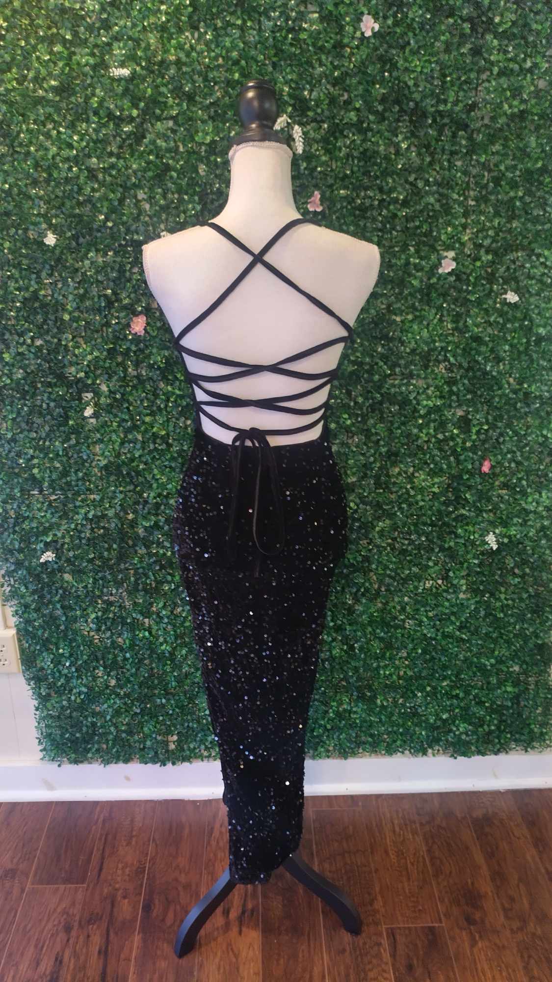 Black sequin couture prom dress