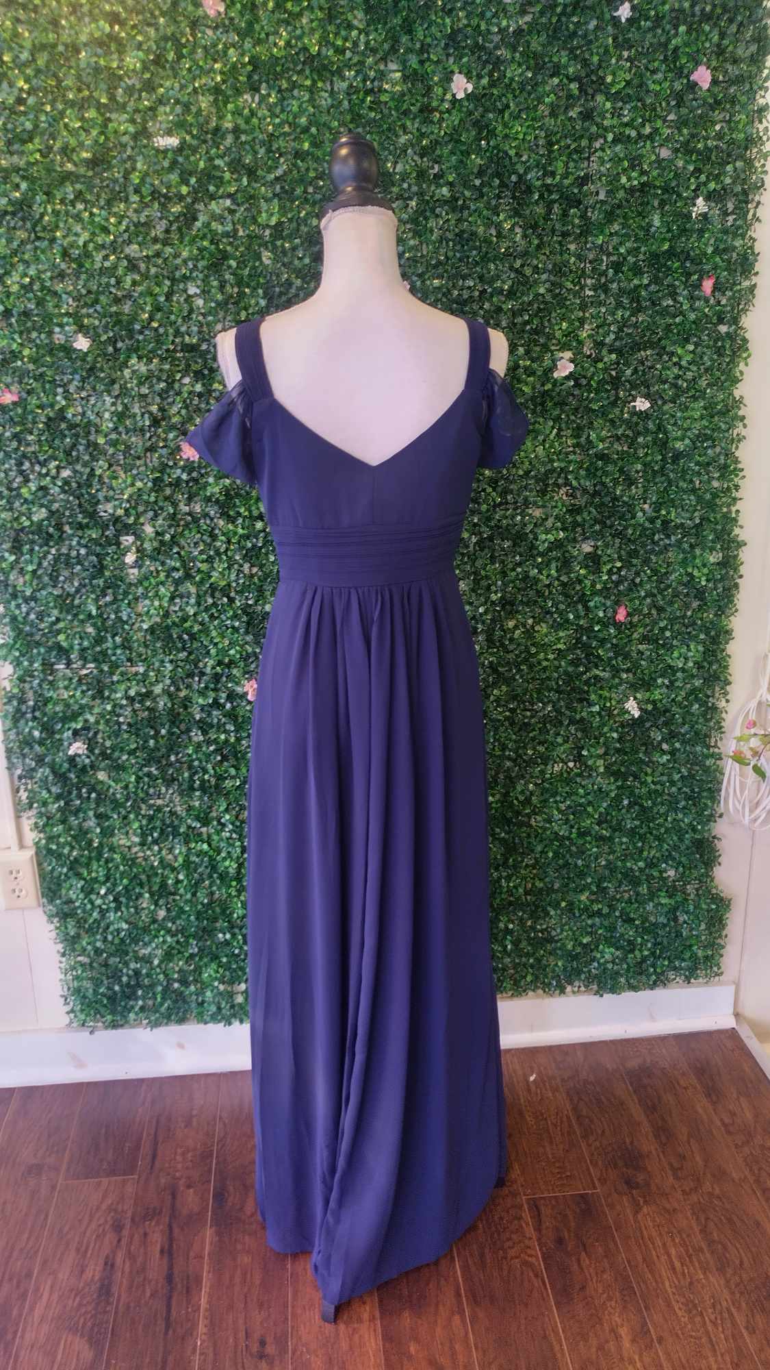 Off shoulder navy blue chiffon bridesmaids dress