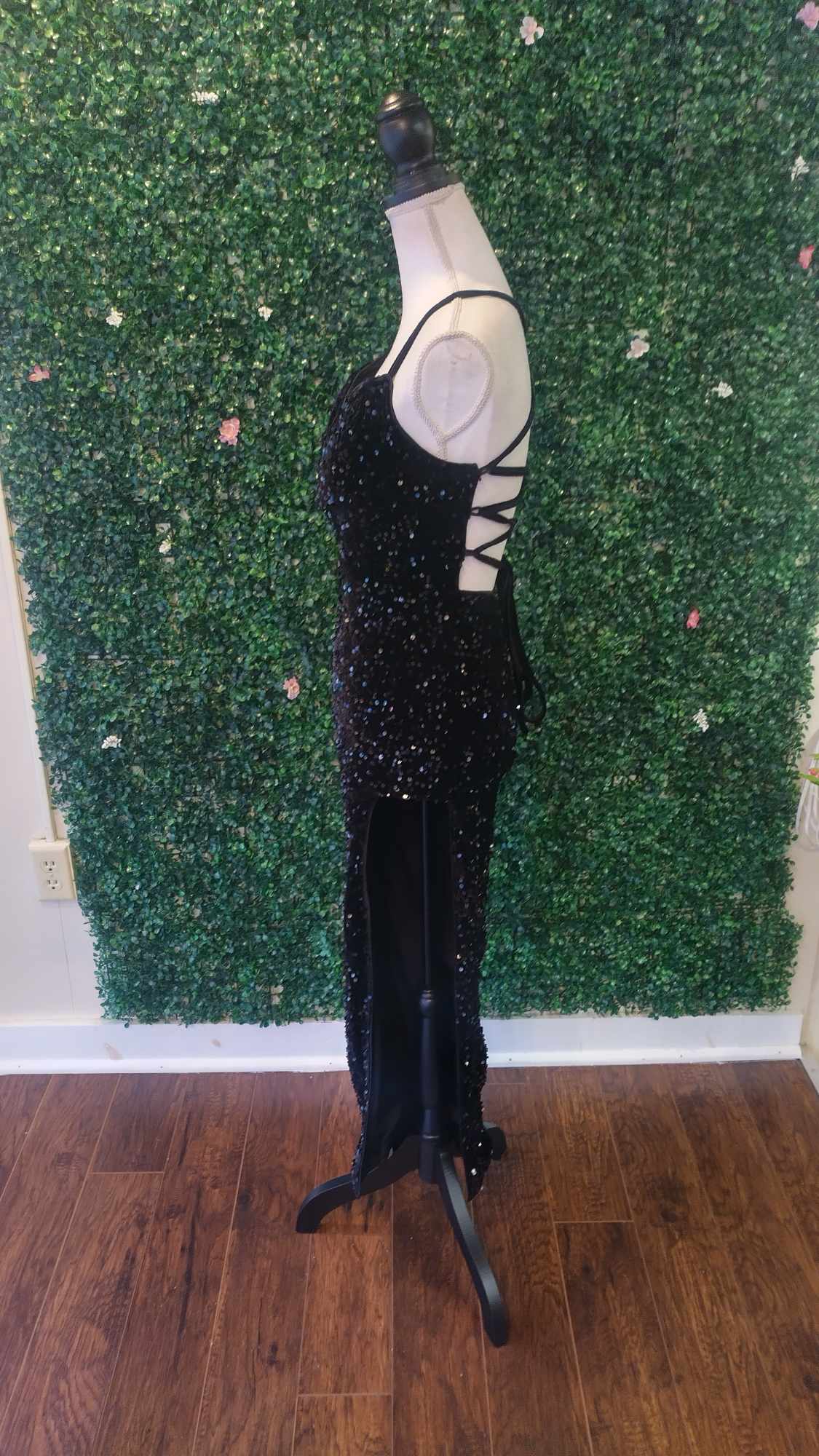 Black sequin couture prom dress