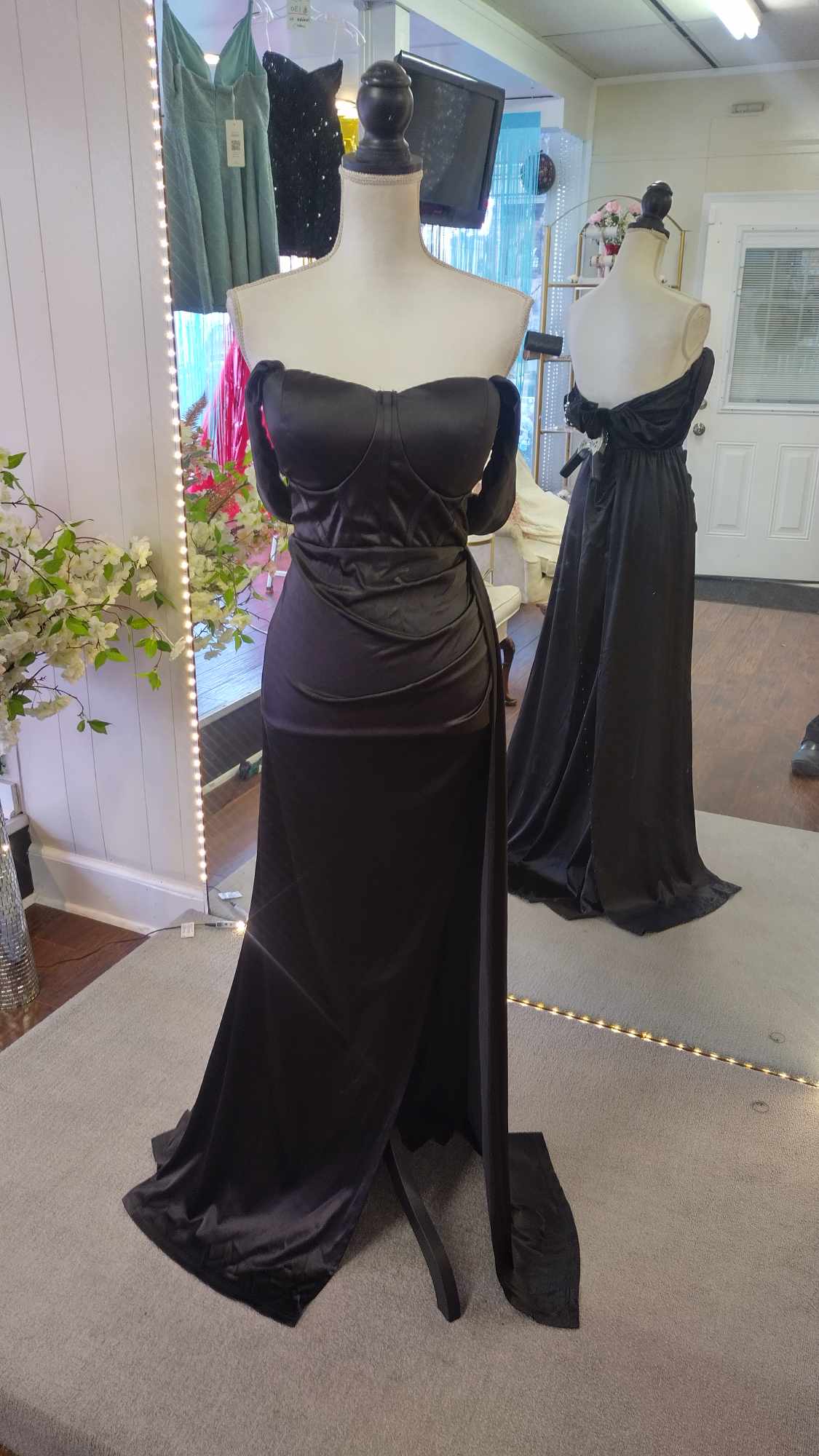 Off shoulder black satin couture