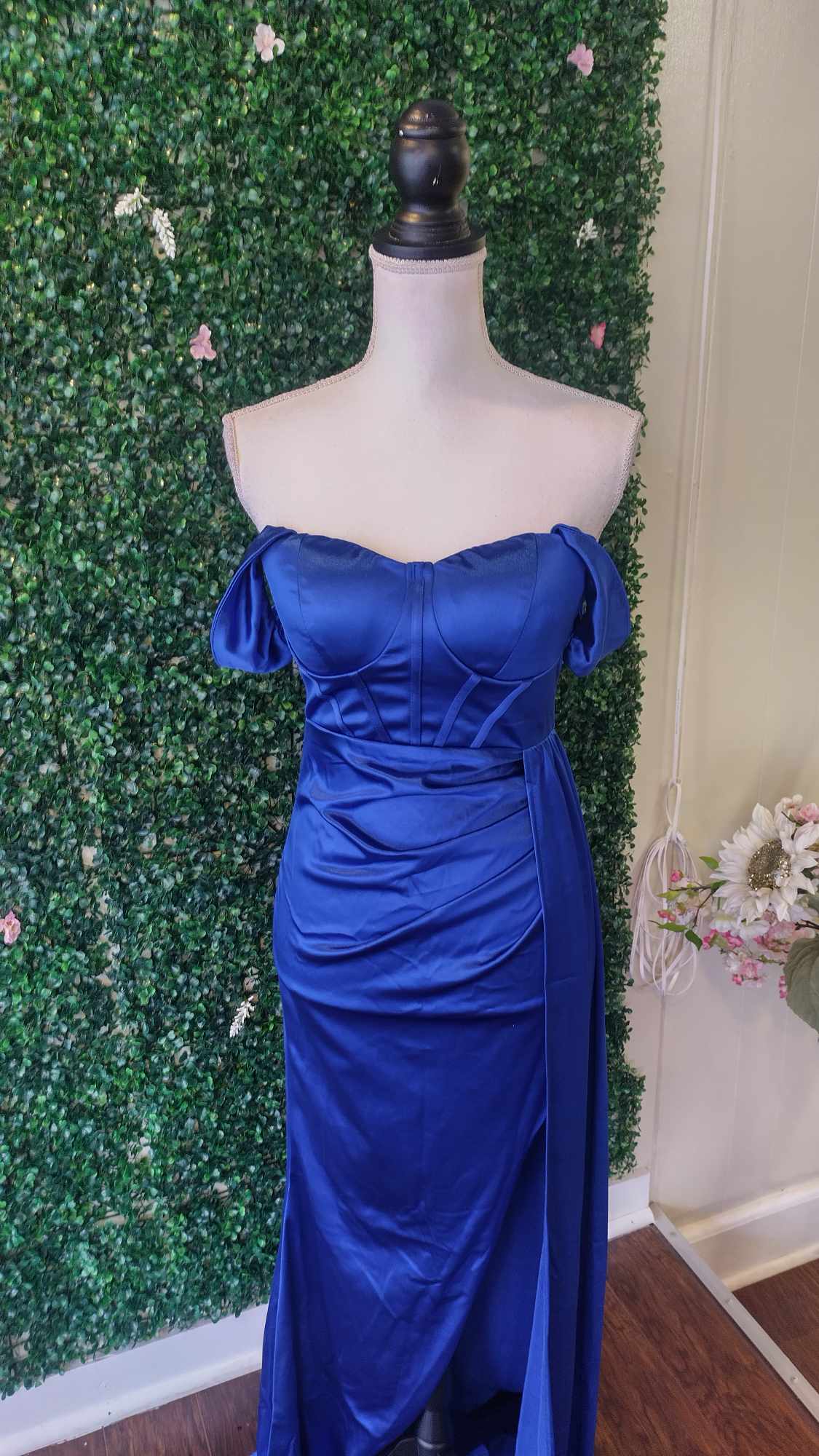 Off shoulder royal blue satin couture