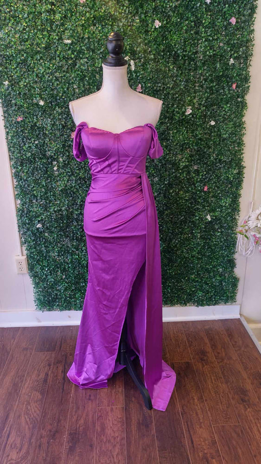 Off shoulder purple satin couture