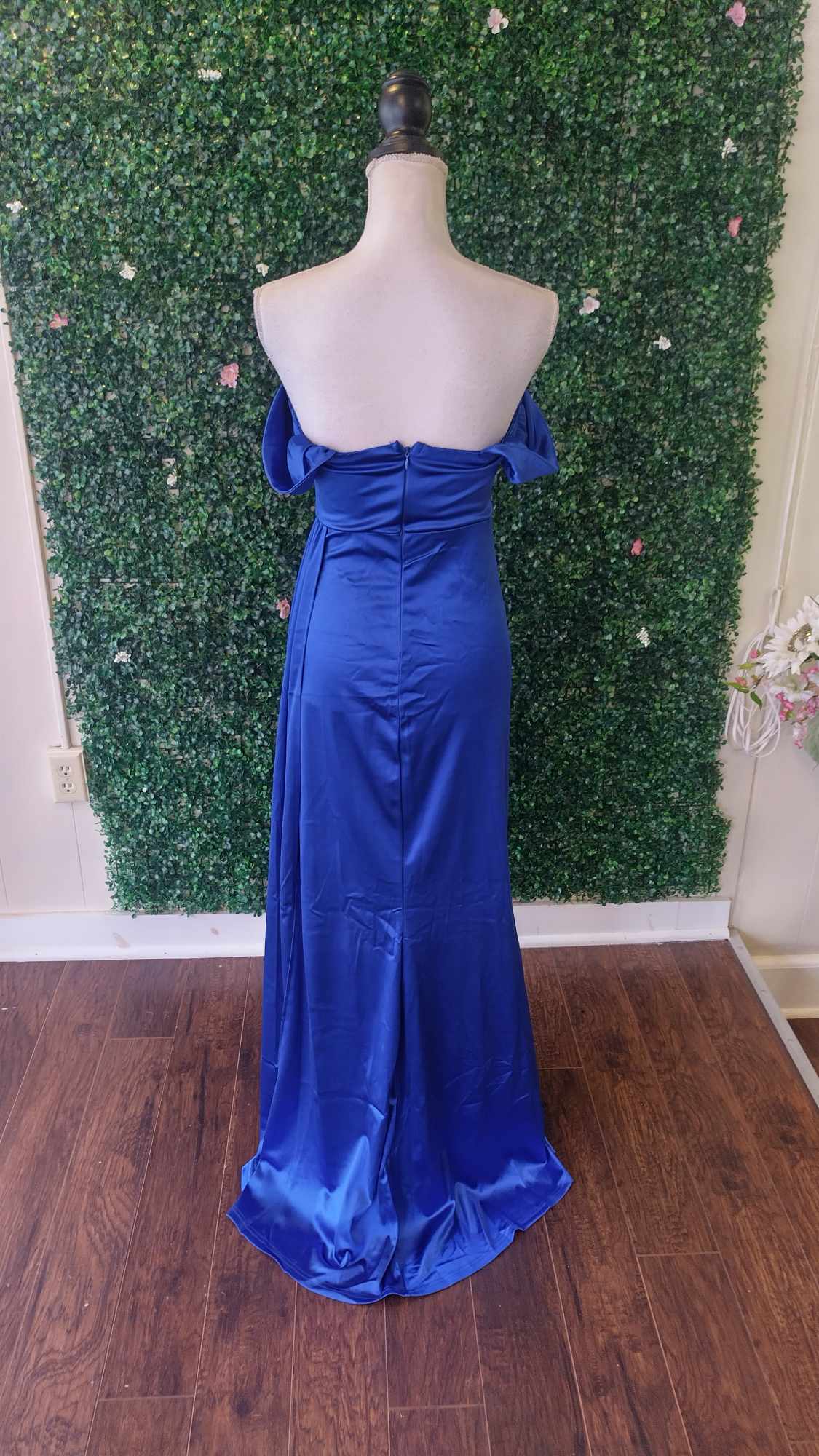 Off shoulder royal blue satin couture