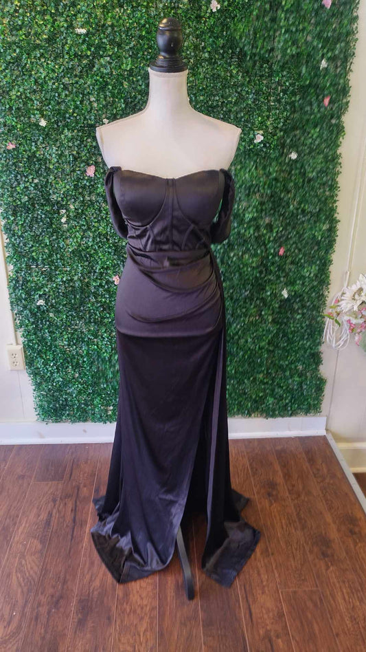 Off shoulder black satin couture