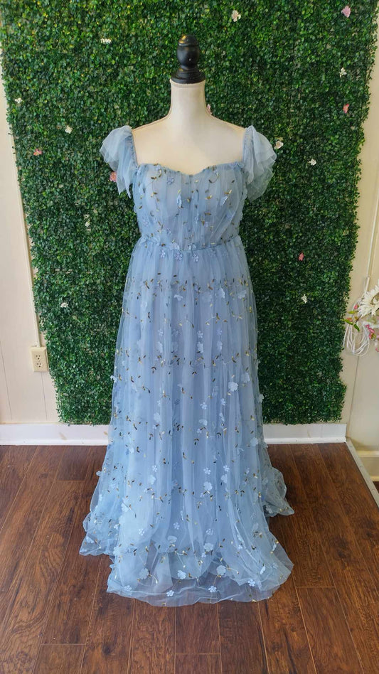 Baby blue off shoulder floral ball gown dress