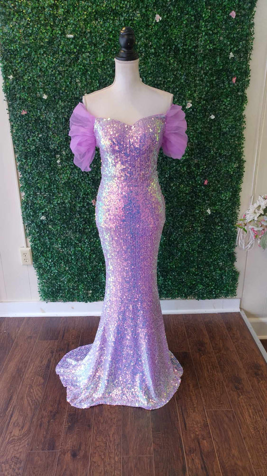 Off shoulder sequin lavender couture prom dress