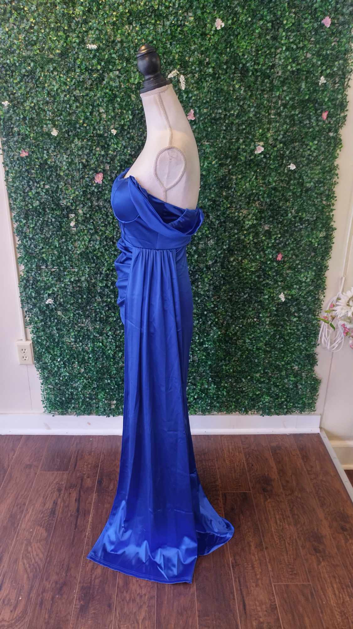 Off shoulder royal blue satin couture