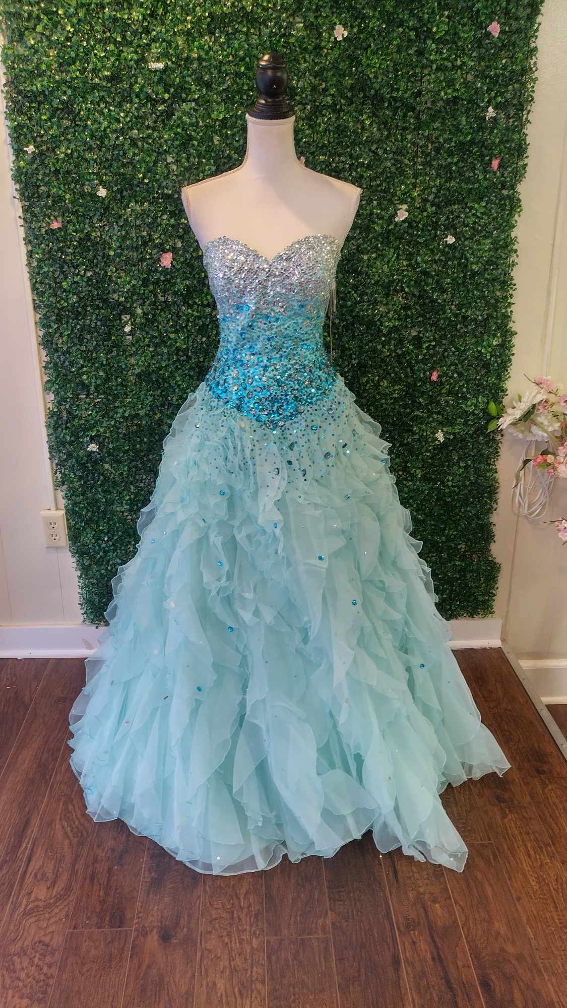 Madeline Gardner crystal beaded ball gown prom dress