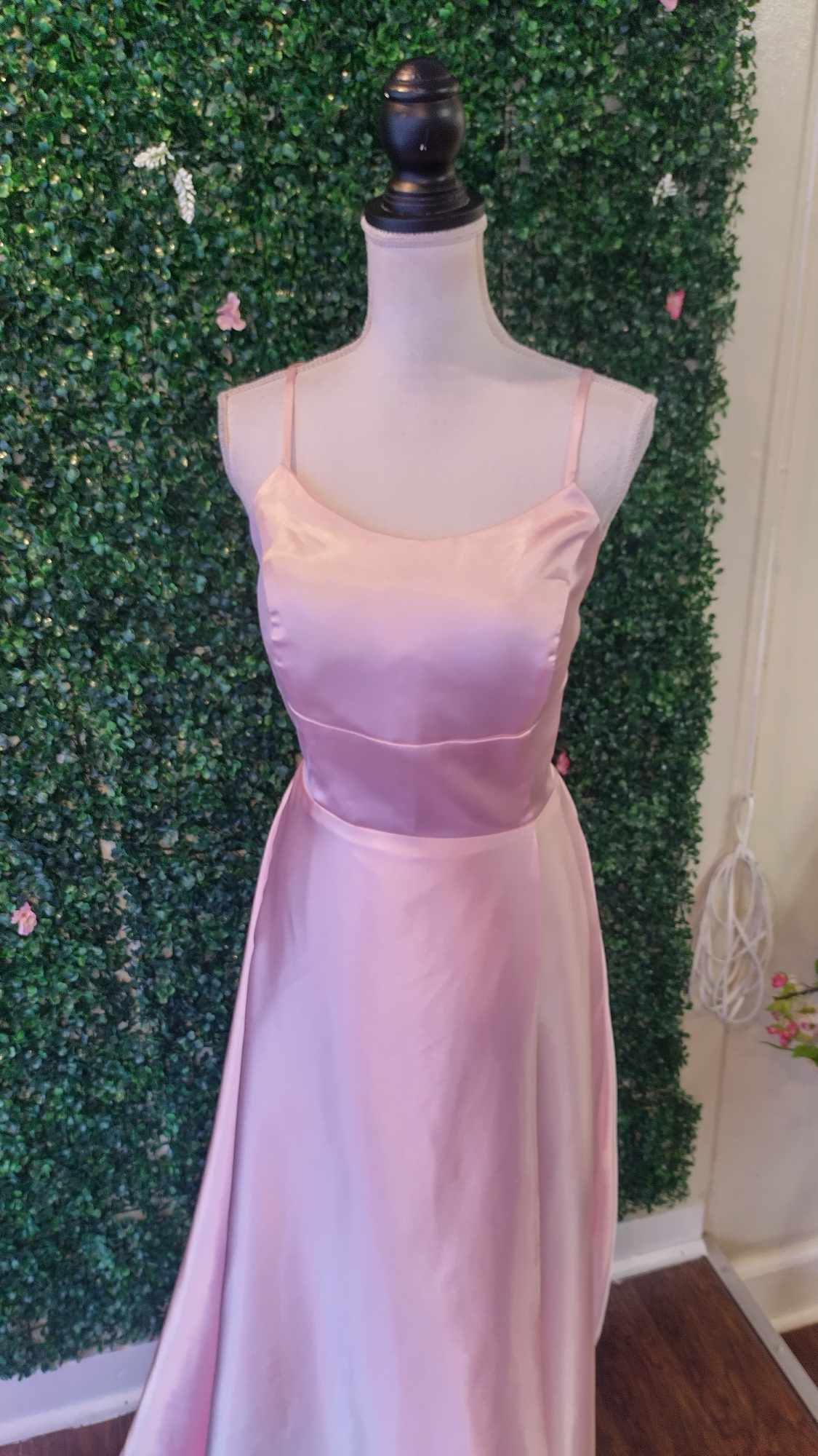 Baby pink satin dress with slit