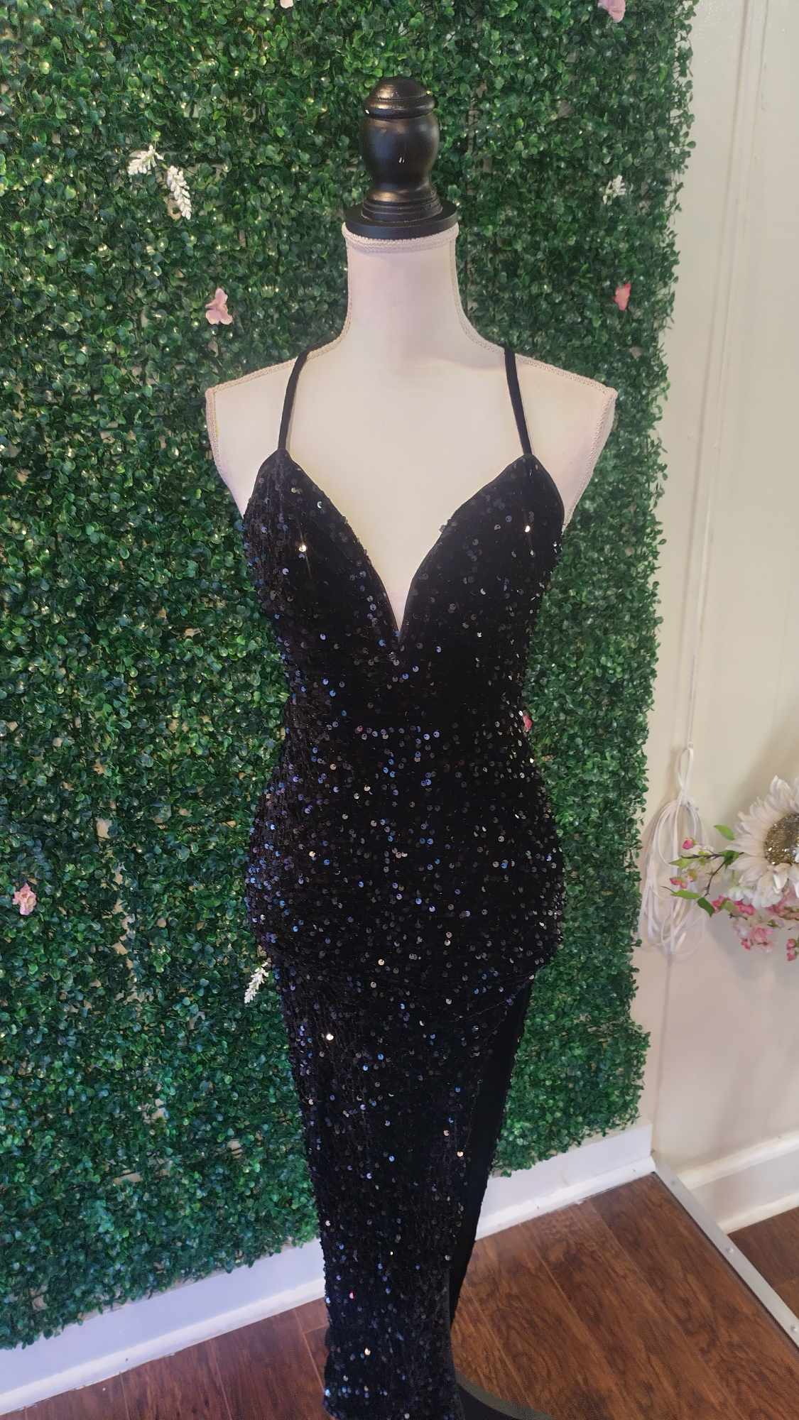 Black sequin couture prom dress