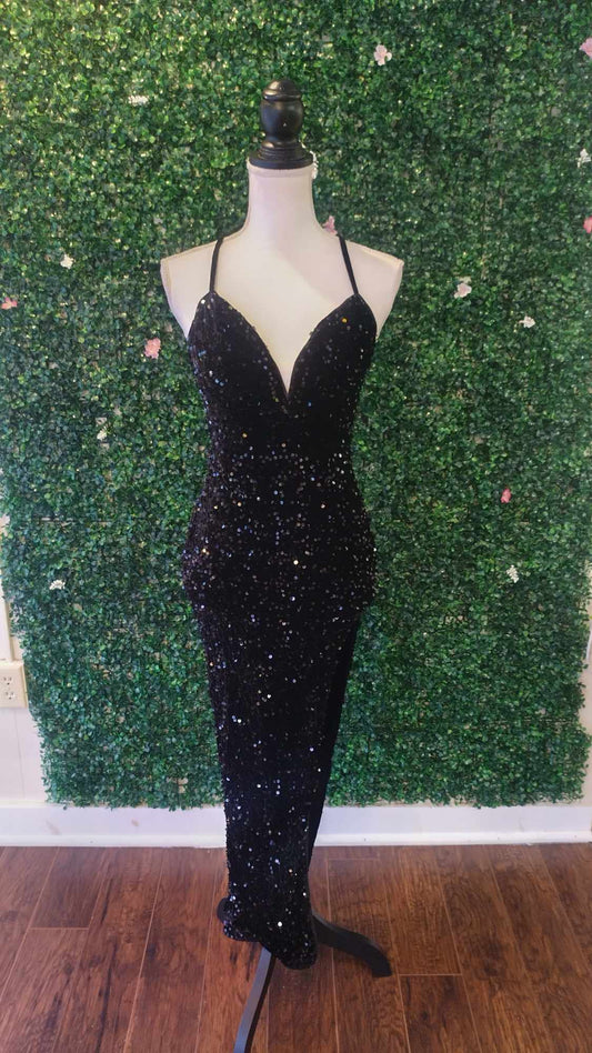 Black sequin couture prom dress