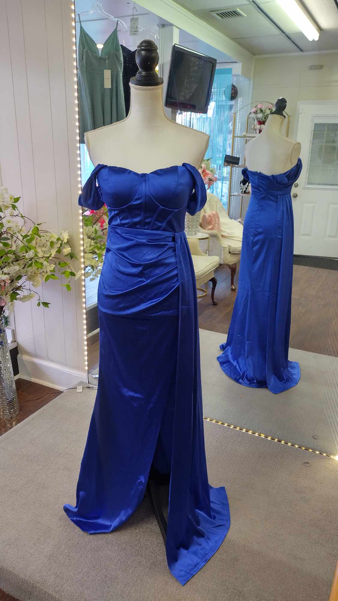 Off shoulder royal blue satin couture