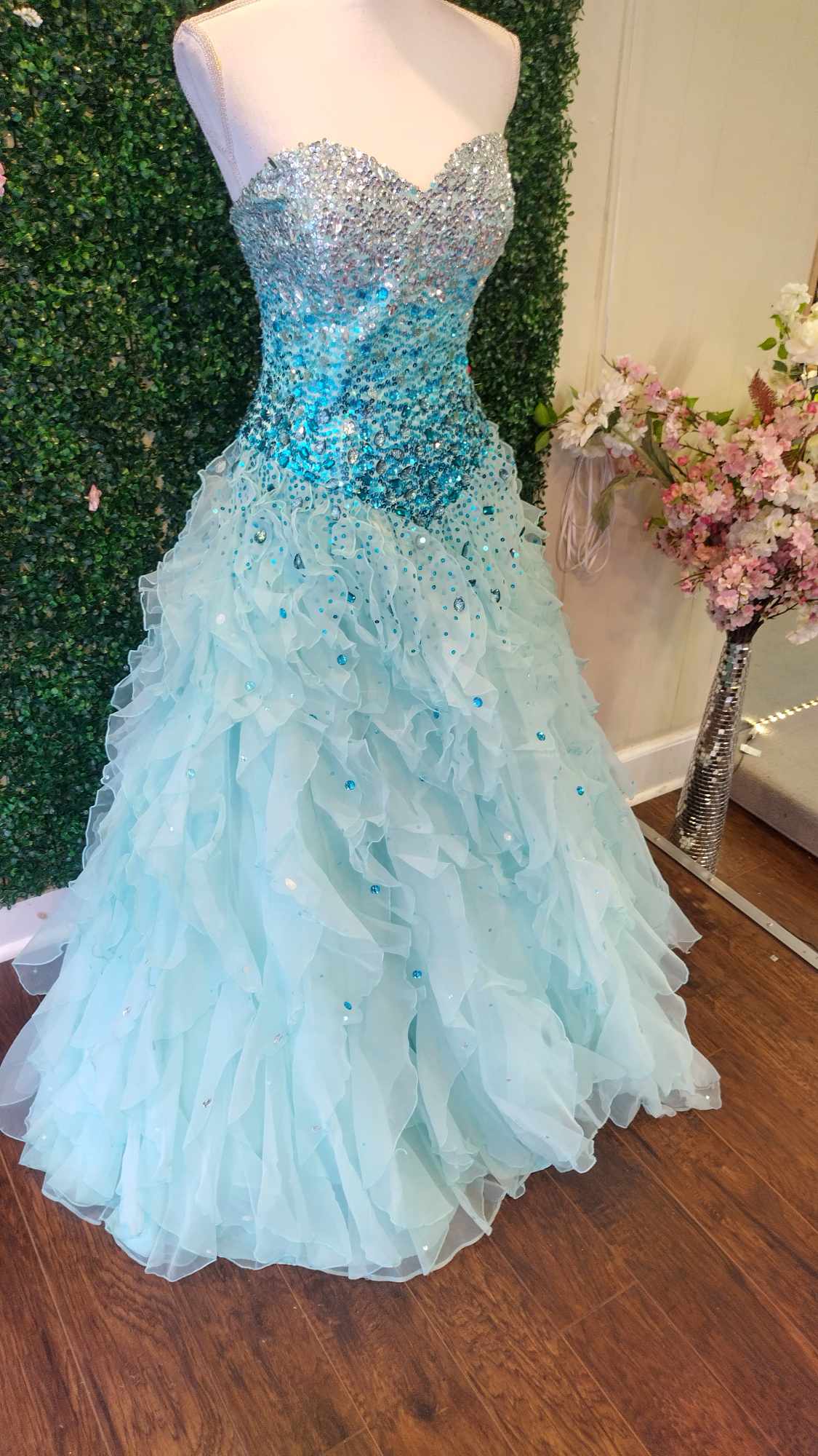 Madeline Gardner crystal beaded ball gown prom dress