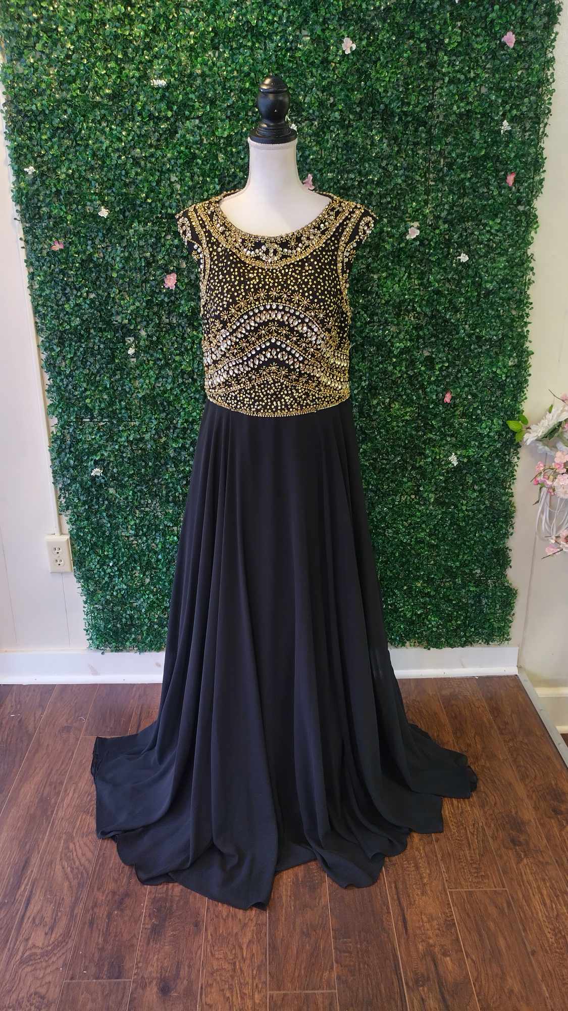 Rachel Allan black beaded chiffon dress