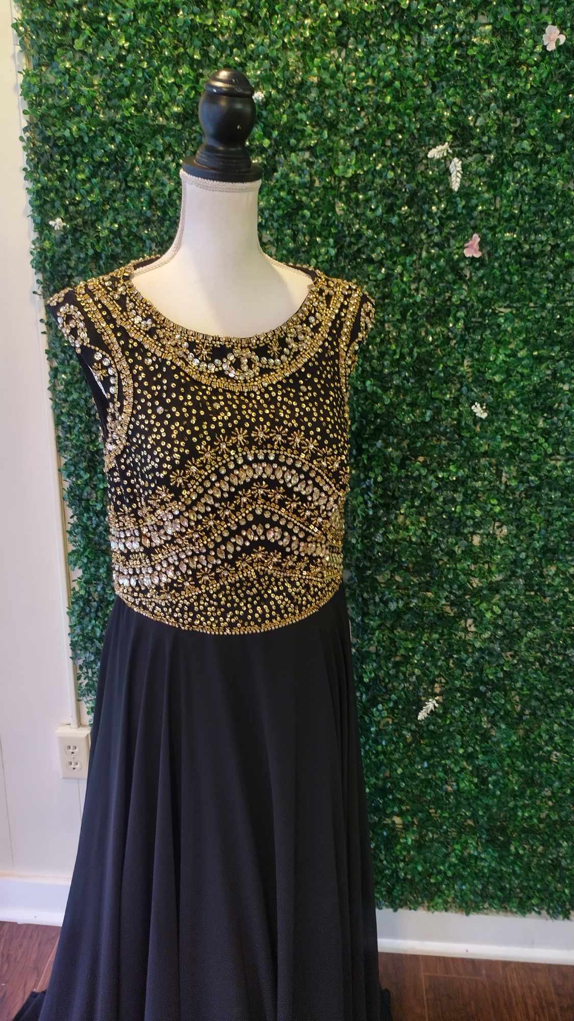 Rachel Allan black beaded chiffon dress