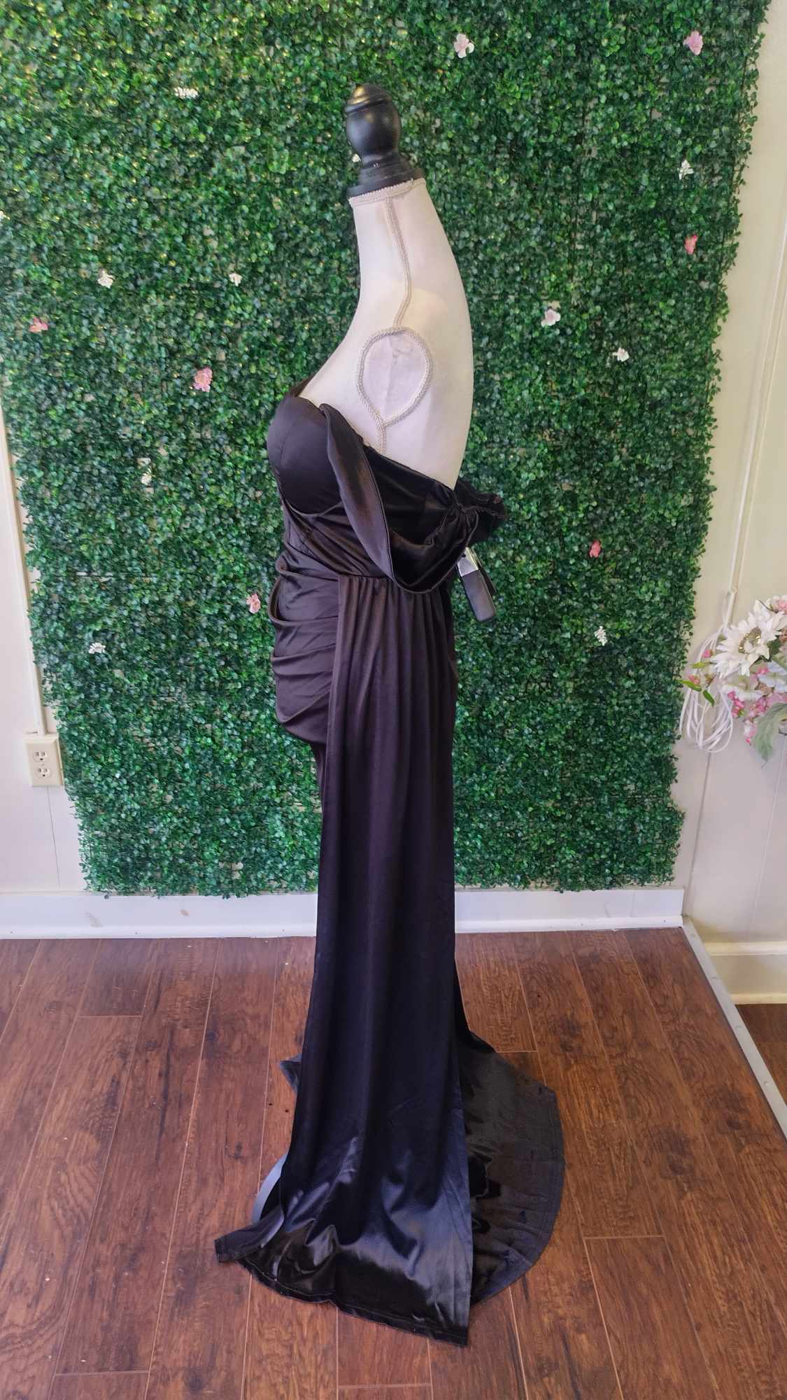 Off shoulder black satin couture