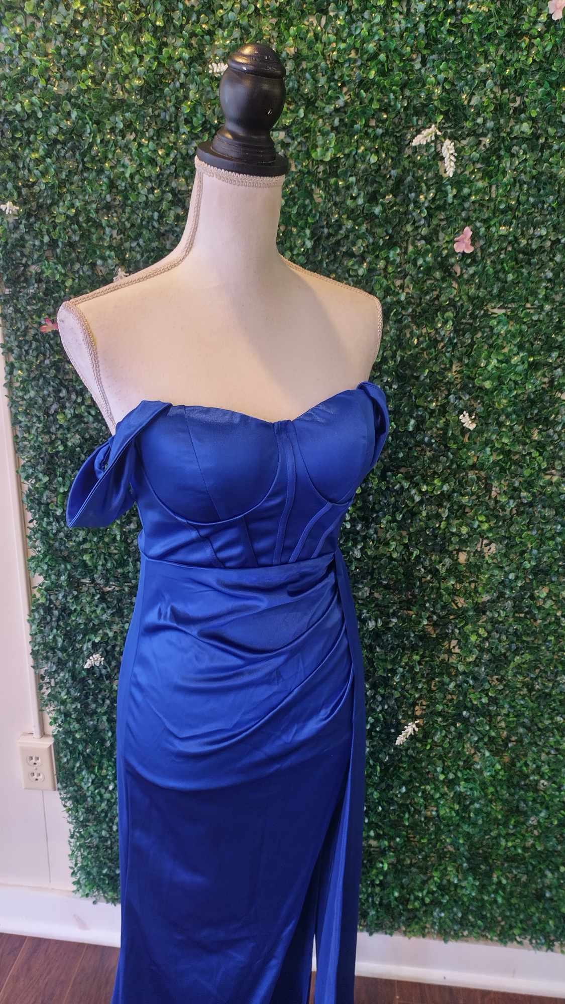 Off shoulder royal blue satin couture