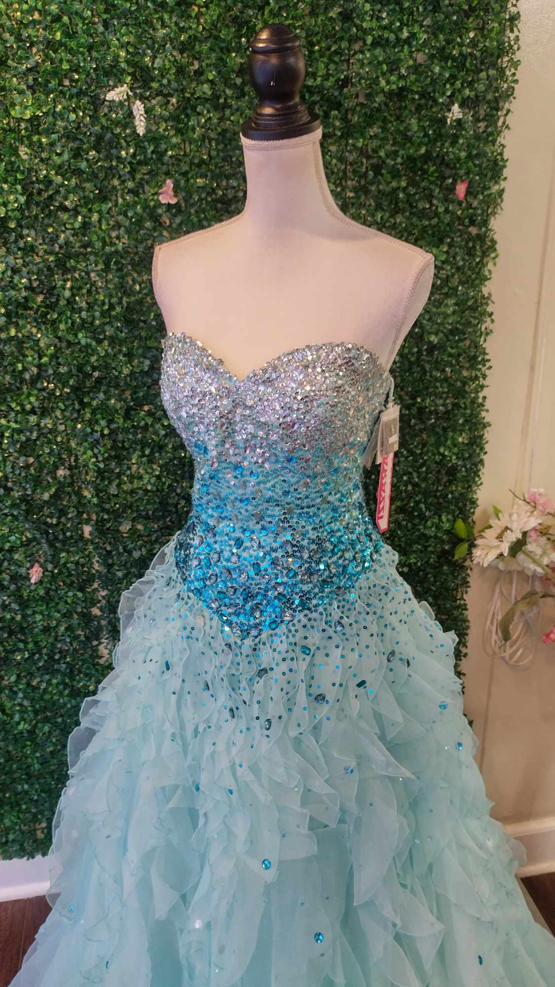 Madeline Gardner crystal beaded ball gown prom dress