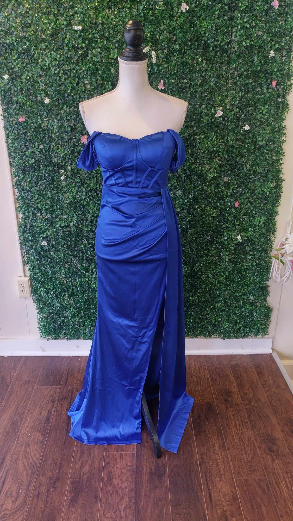 Off shoulder royal blue satin couture