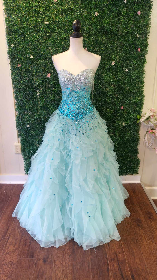 Madeline Gardner crystal beaded ball gown prom dress