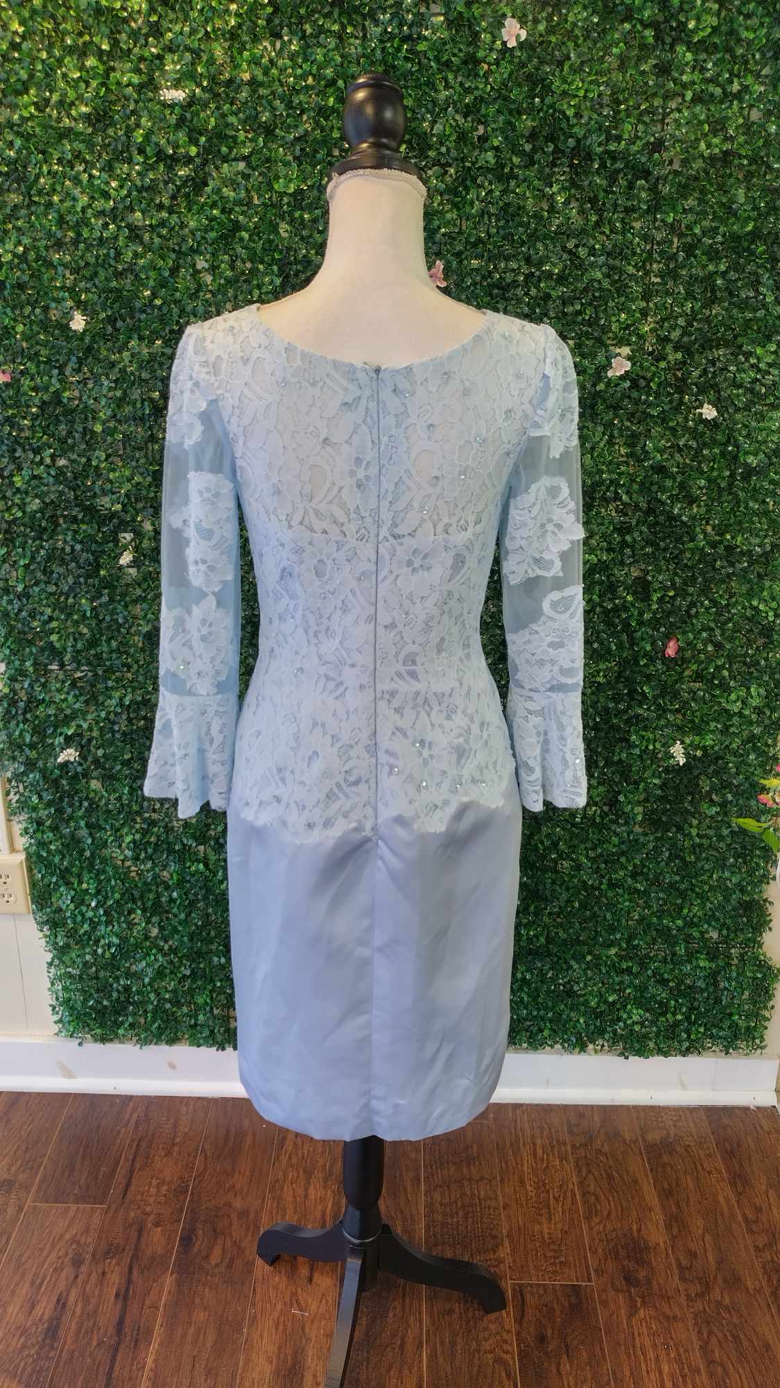 Dusty blue long sleeve lace formal dress