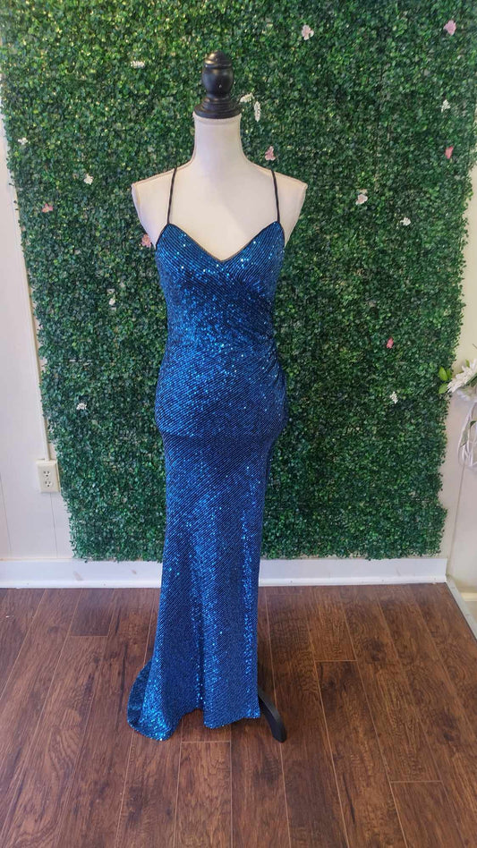 Crystal doll blue sequin prom dress with slit