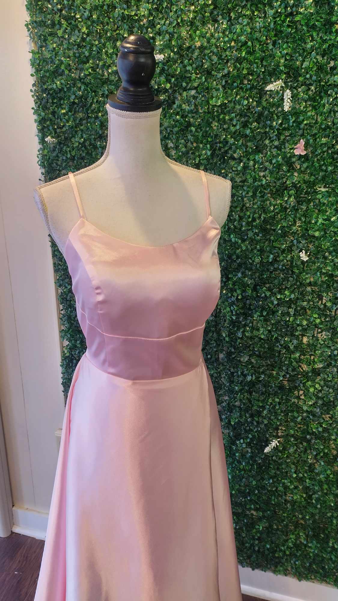 Baby pink satin dress with slit