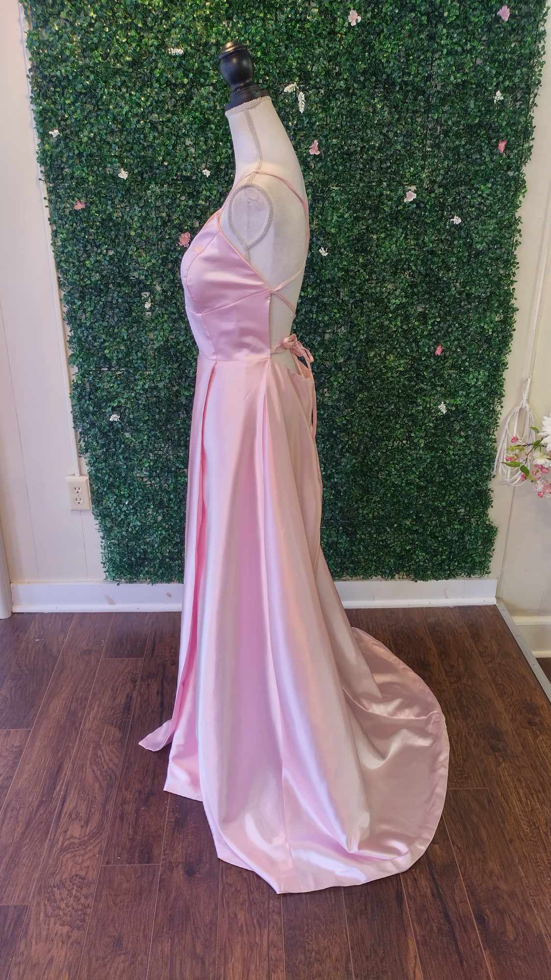 Baby pink satin dress with slit