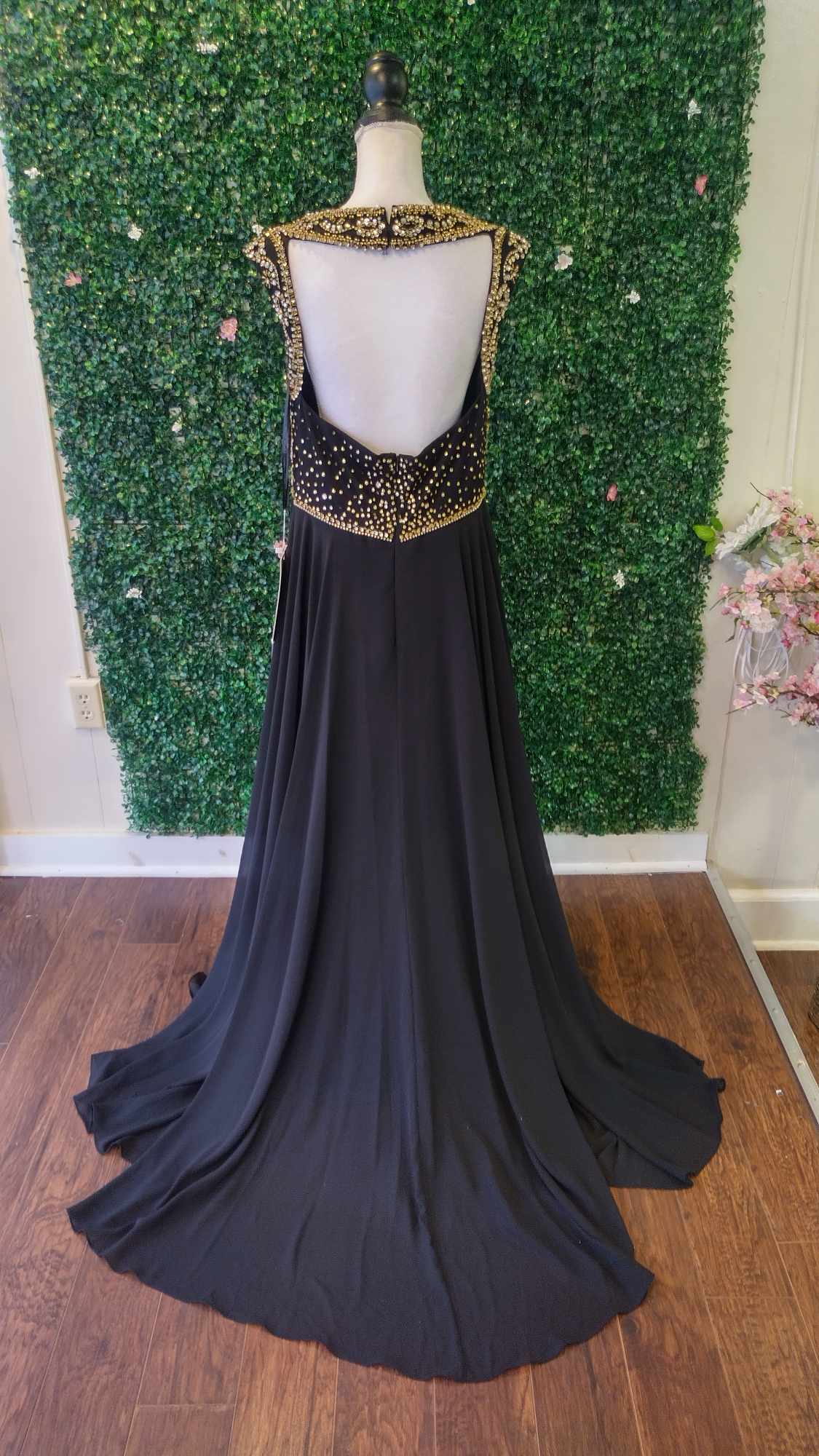 Rachel Allan black beaded chiffon dress