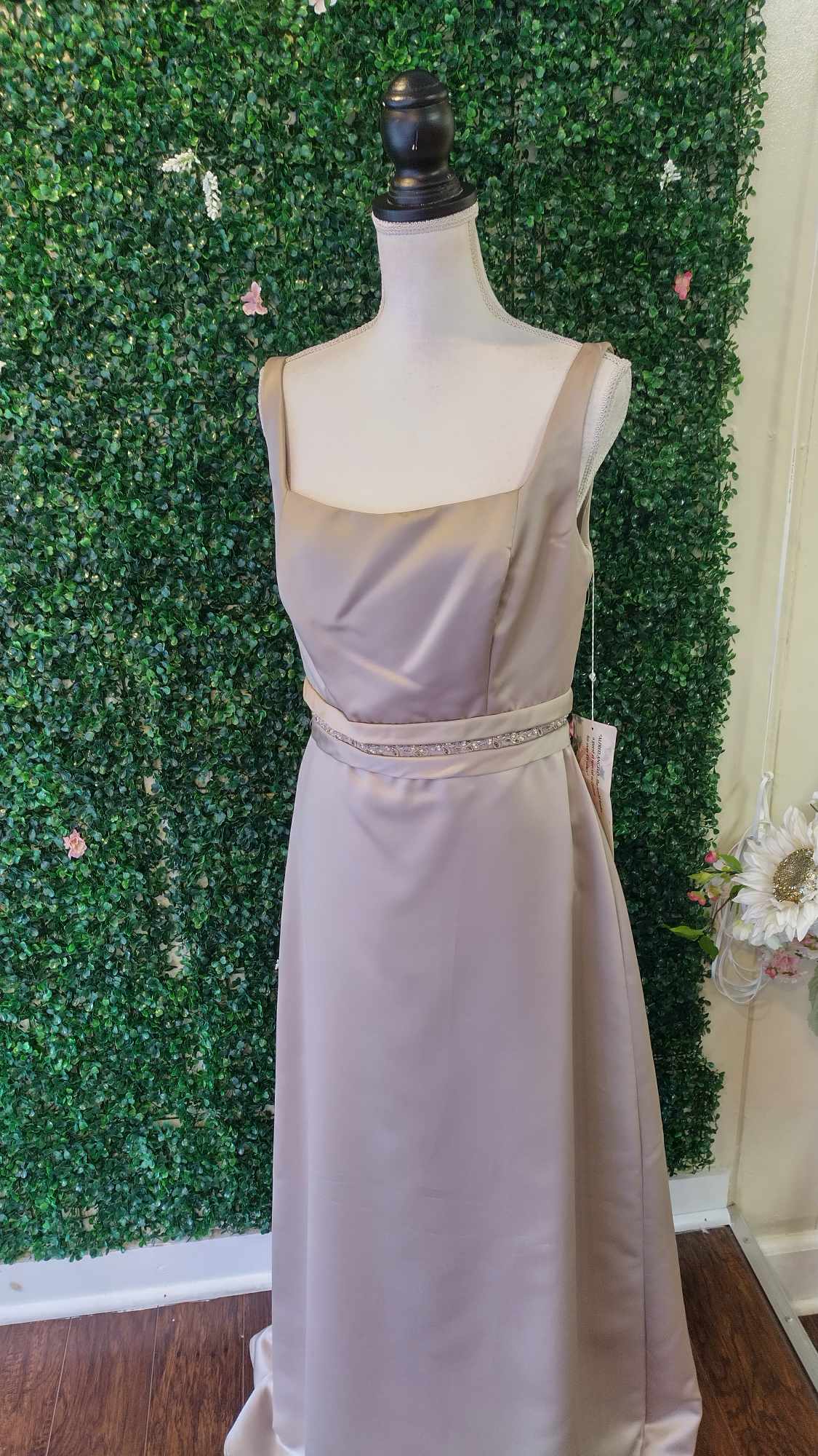 Alfred Angelo taupe satin formal dress