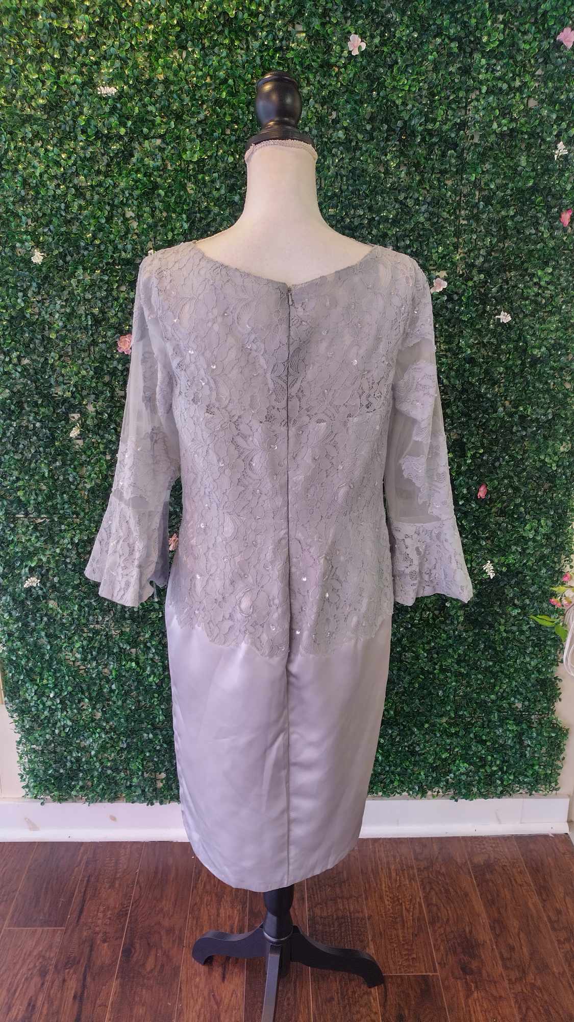 Gray long sleeve floral lace formal dress