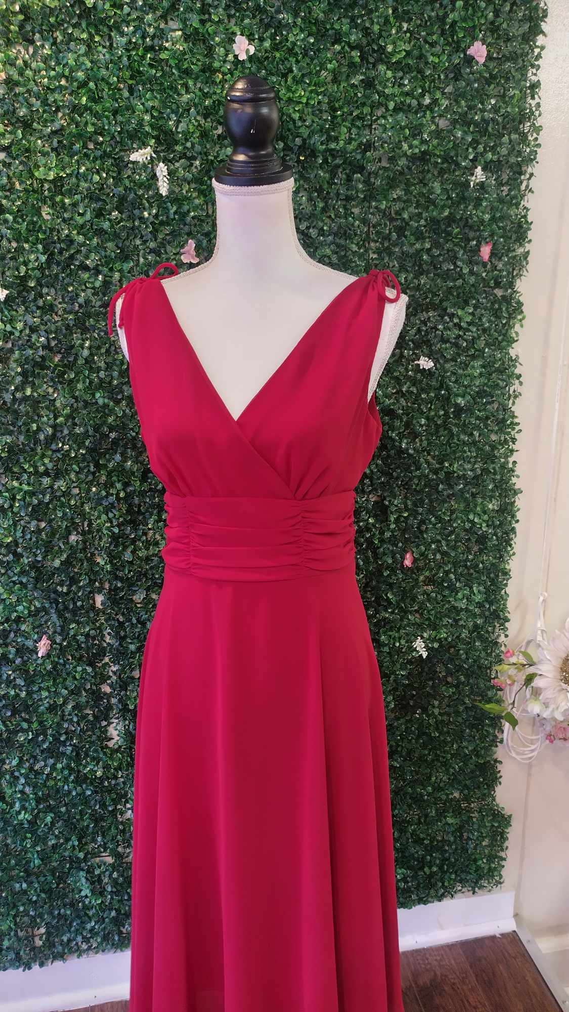 Red fit and flare chiffon formal dress