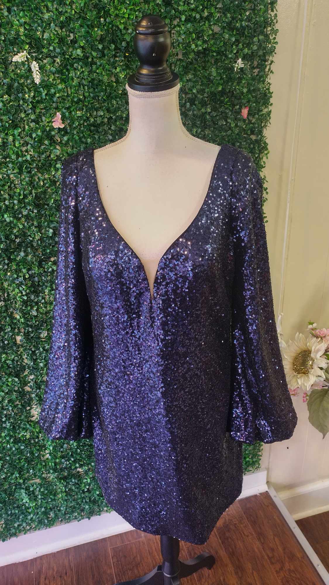 Rachel Allan navy blue long sleeve sequin dress