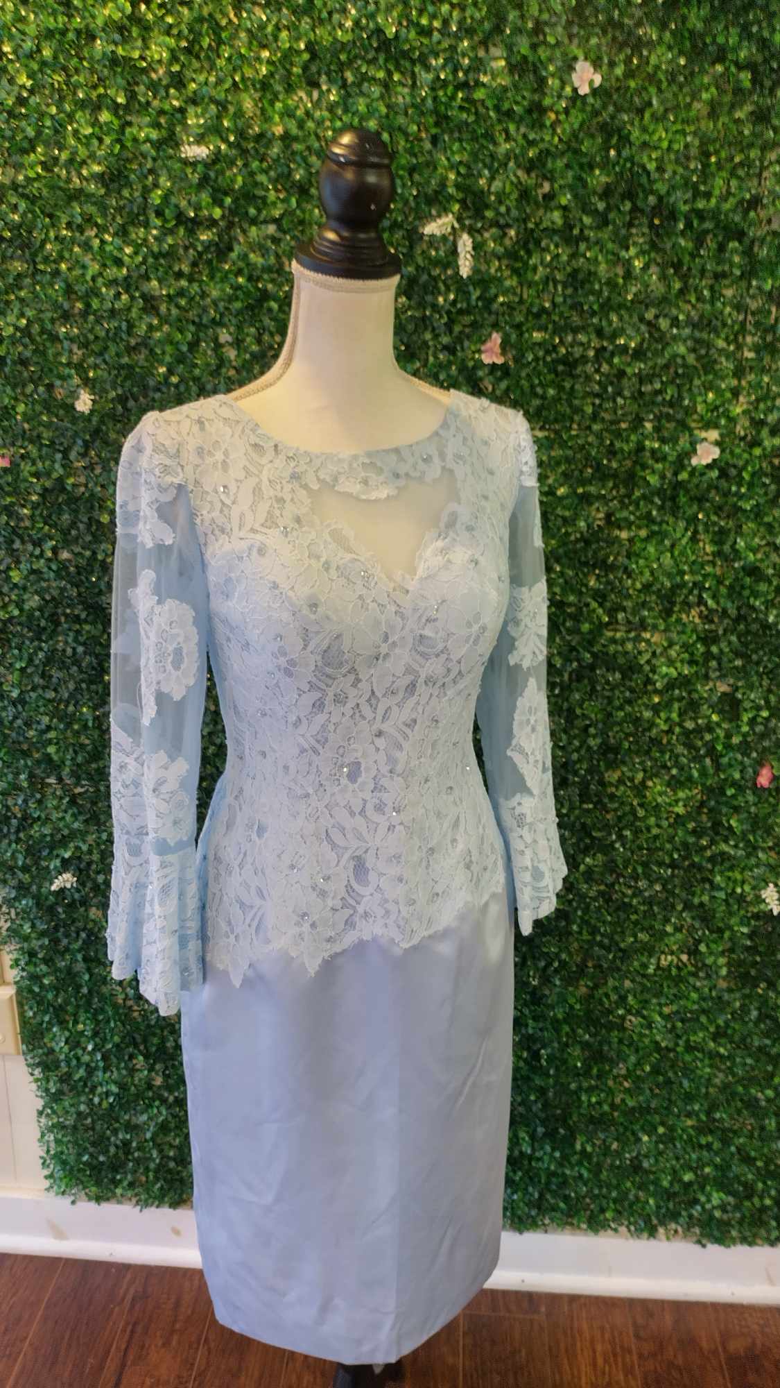 Dusty blue long sleeve lace formal dress