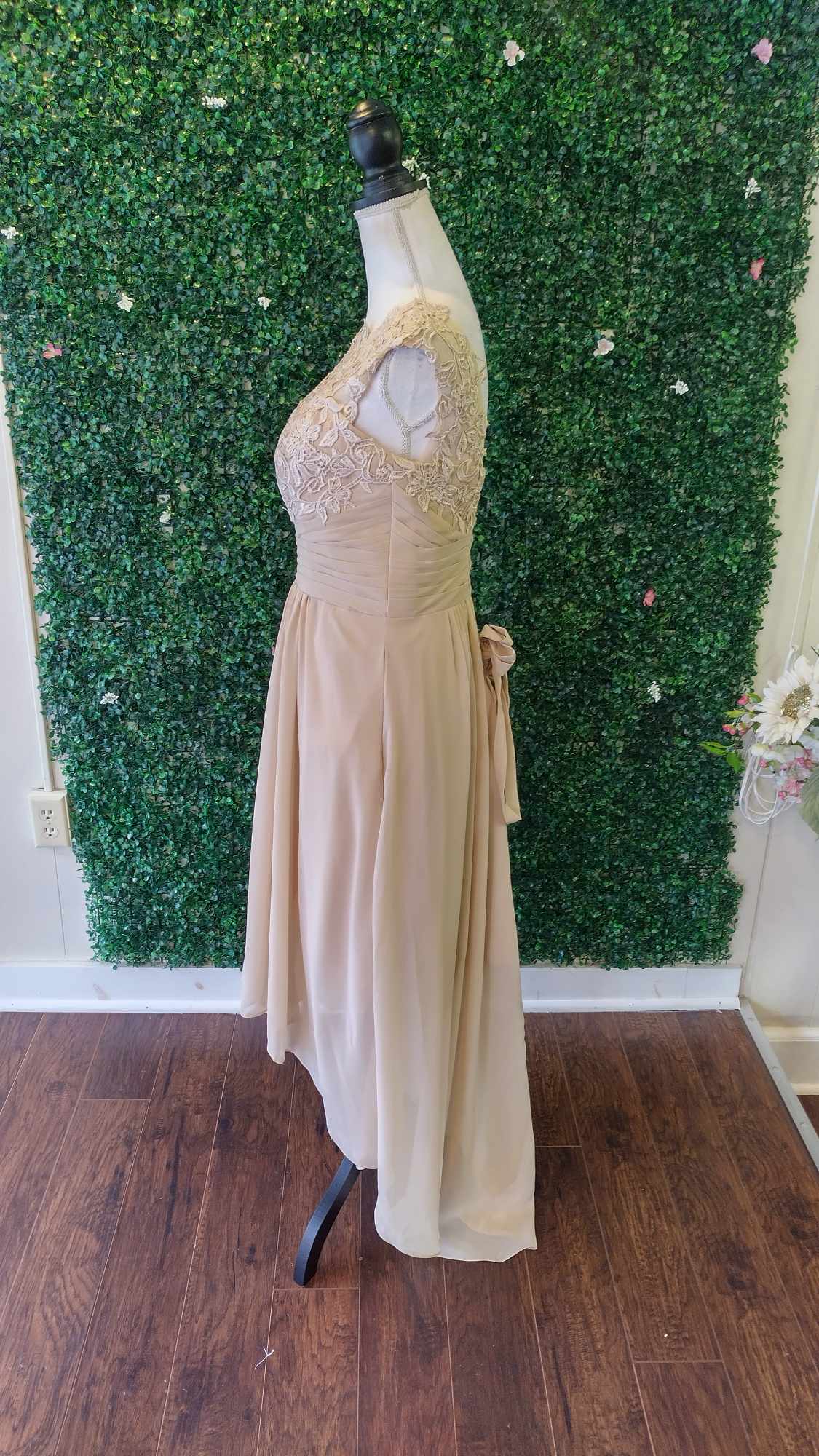 Tea length champagne lace floral formal dress