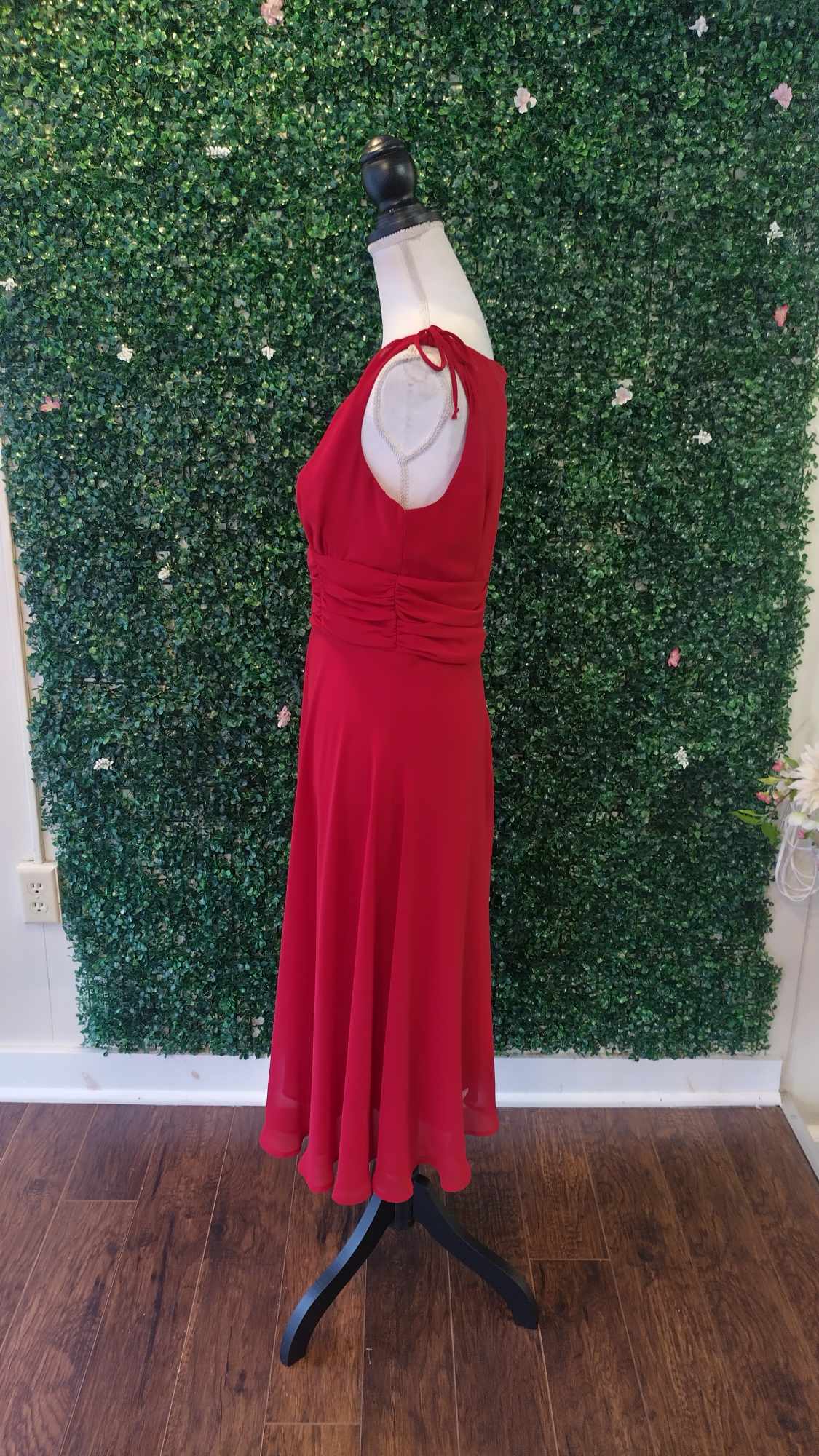 Red fit and flare chiffon formal dress