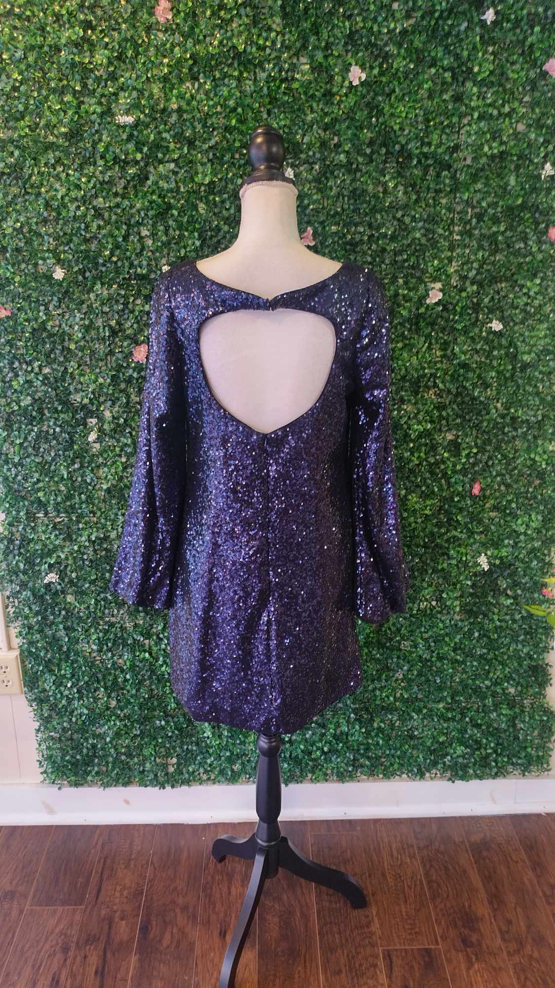 Rachel Allan navy blue long sleeve sequin dress