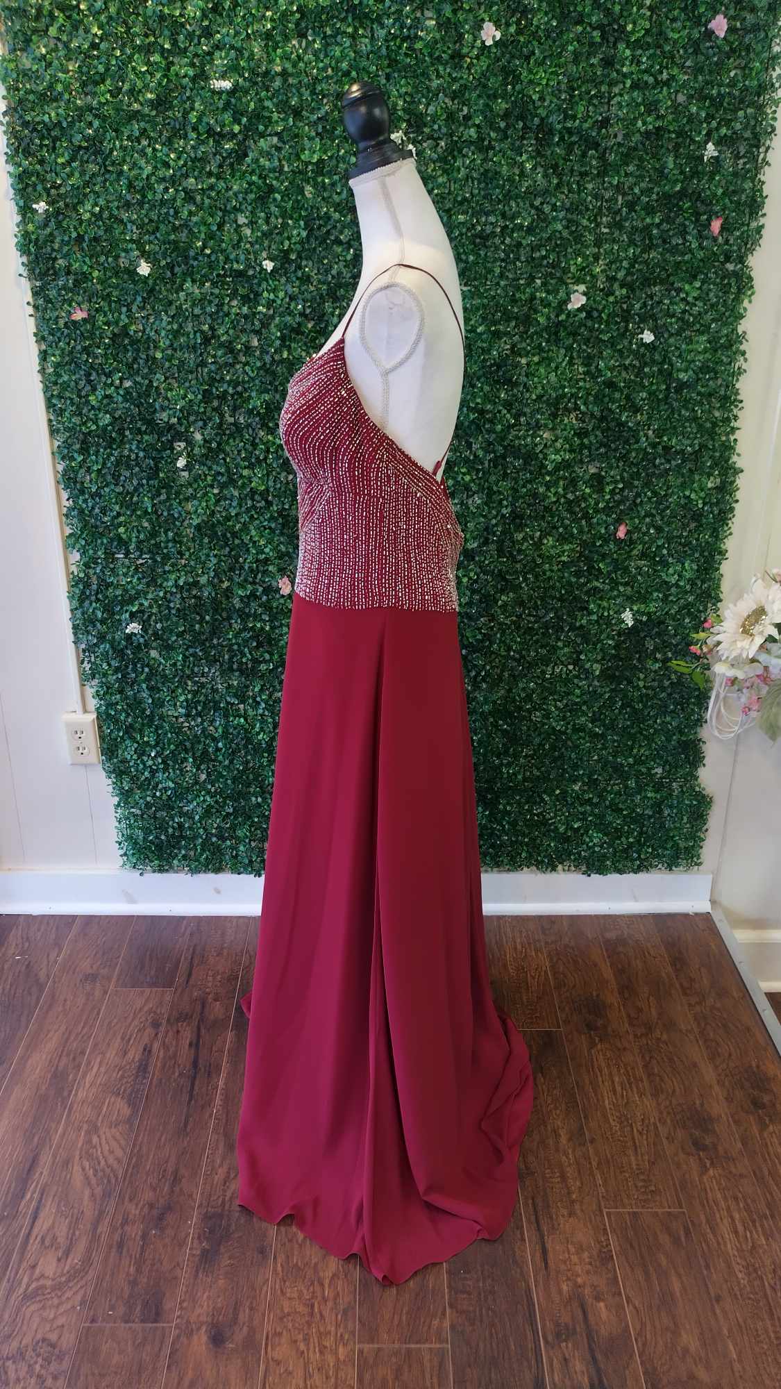 Burgundy V-neck beaded chiffon formal dress