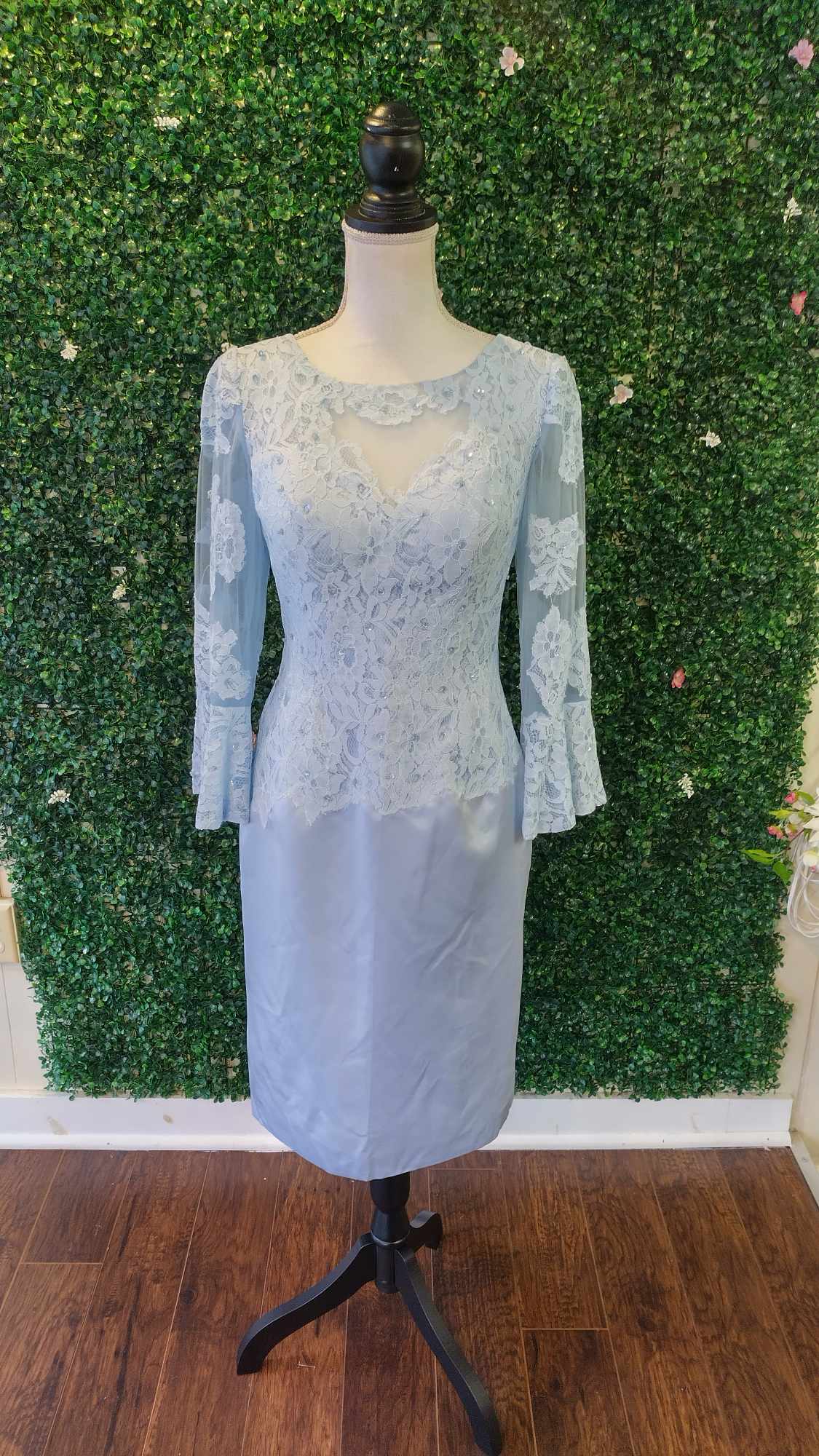 Dusty blue long sleeve lace formal dress