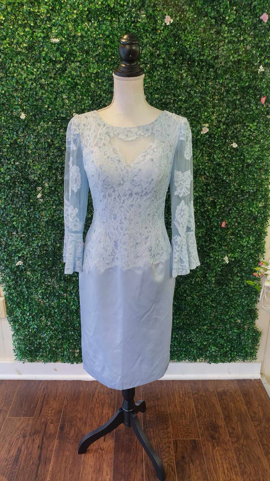 Dusty blue long sleeve lace formal dress