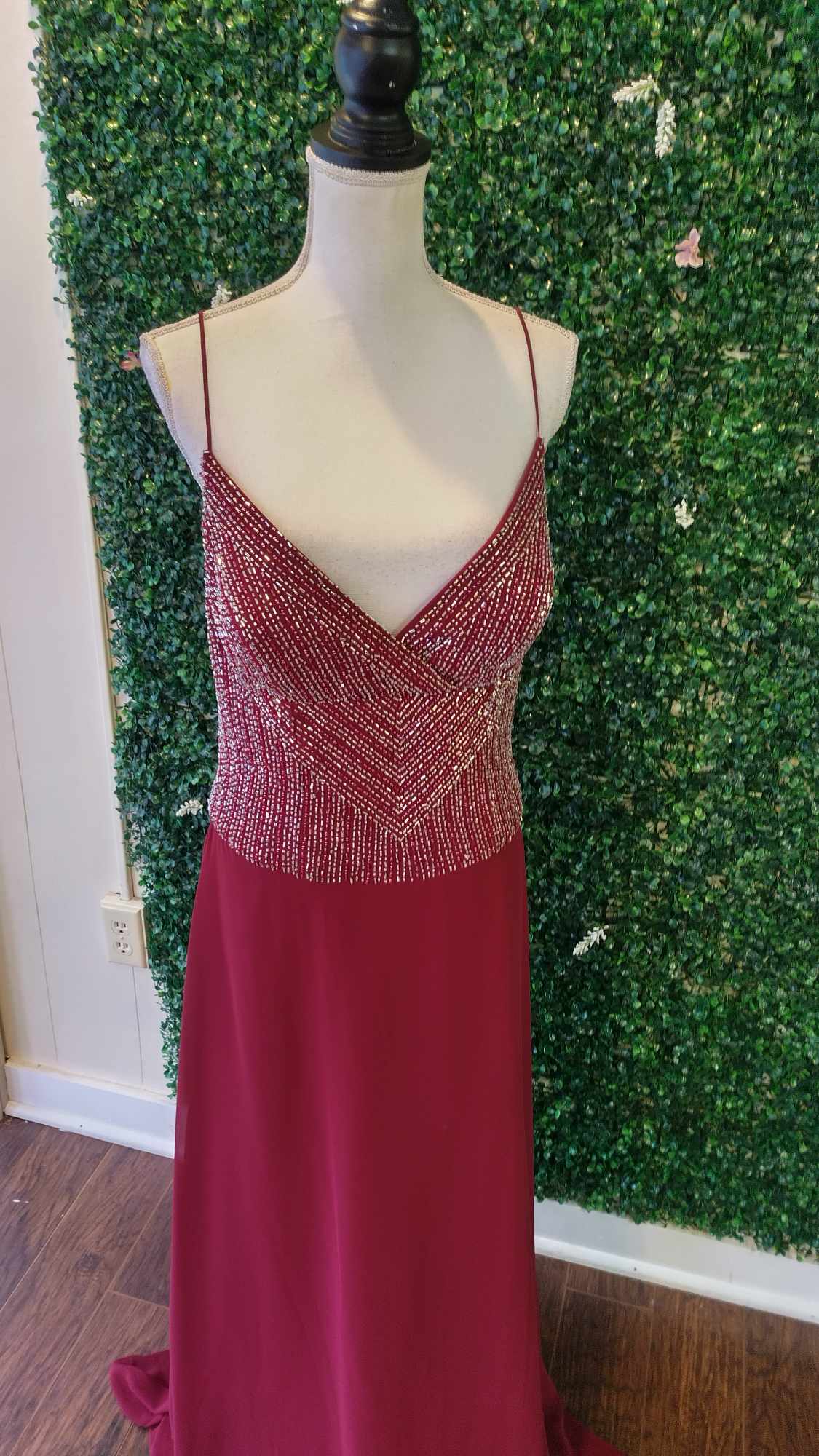 Burgundy V-neck beaded chiffon formal dress